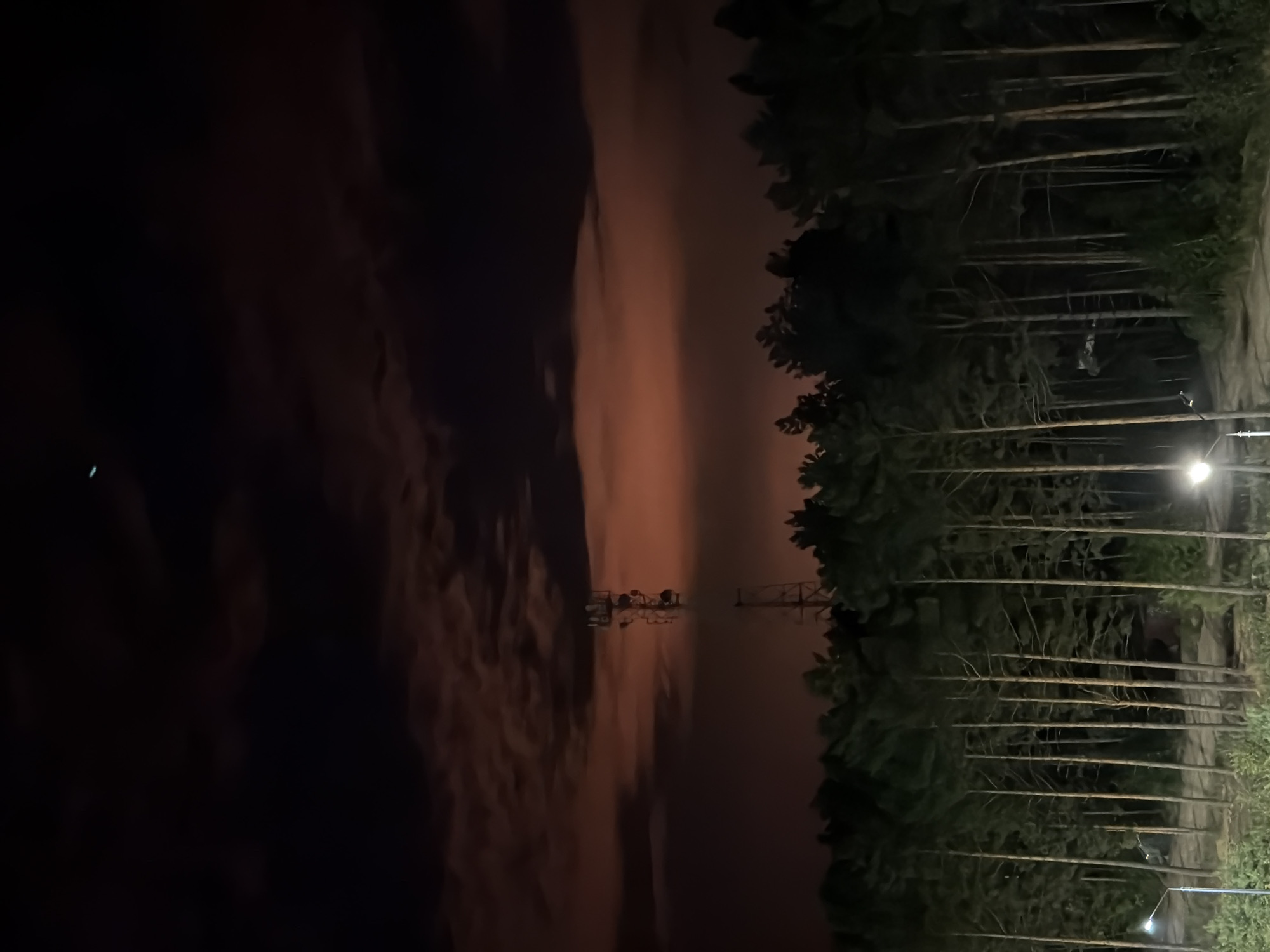 This is a nighttime image taken in the city of Tsiolkovsky, Russia. The scene is dominated by a tall, lattice-like cell tower standing amidst a dense forest of pine trees. The sky is dark, with scattered clouds illuminated by an unseen light source, giving them a reddish-orange hue. A faint, streaking light is visible in the upper part of the sky. In the foreground, several streetlights are visible, casting pools of light on the ground and the surrounding vegetation. The overall atmosphere is dark and slightly eerie, with the cell tower serving as a man-made intrusion into the natural landscape. There are no people or animals visible in the image.