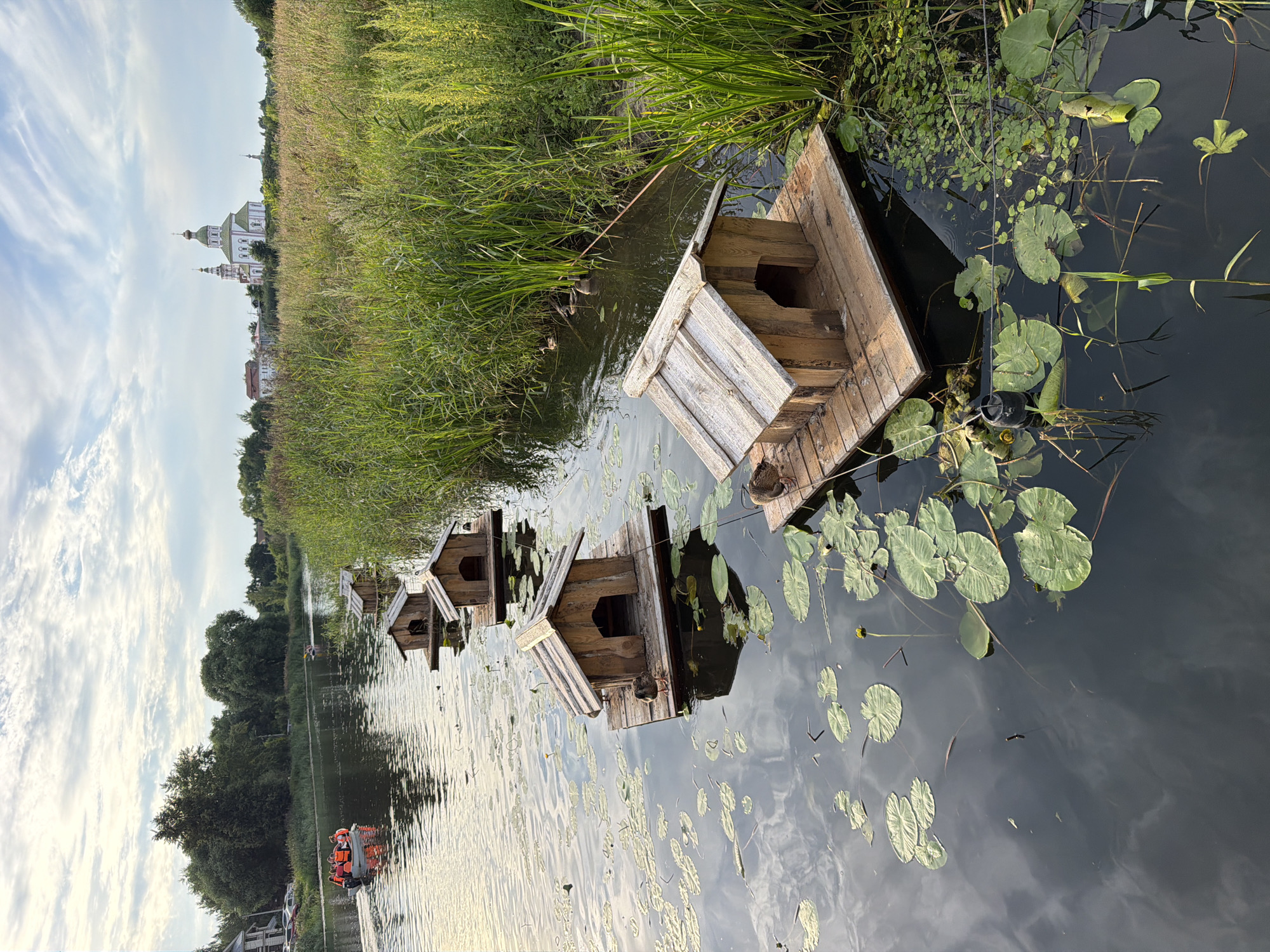 The image depicts a tranquil canal scene in Suzdal, Russia, with a focus on a series of small, wooden duck houses floating on the water. The duck houses are positioned in a line, each on its own wooden platform, with some occupied by ducks. The water is calm, with lily pads scattered across its surface, reflecting the cloudy sky. In the background, lush green reeds line the canal, and beyond them, a white church with green domes and a bell tower is visible, characteristic of Russian Orthodox architecture. On the left side of the canal, a small boat with several people wearing life vests is moving away from the viewer. The overall atmosphere is peaceful and idyllic, capturing a moment of nature and architectural beauty.