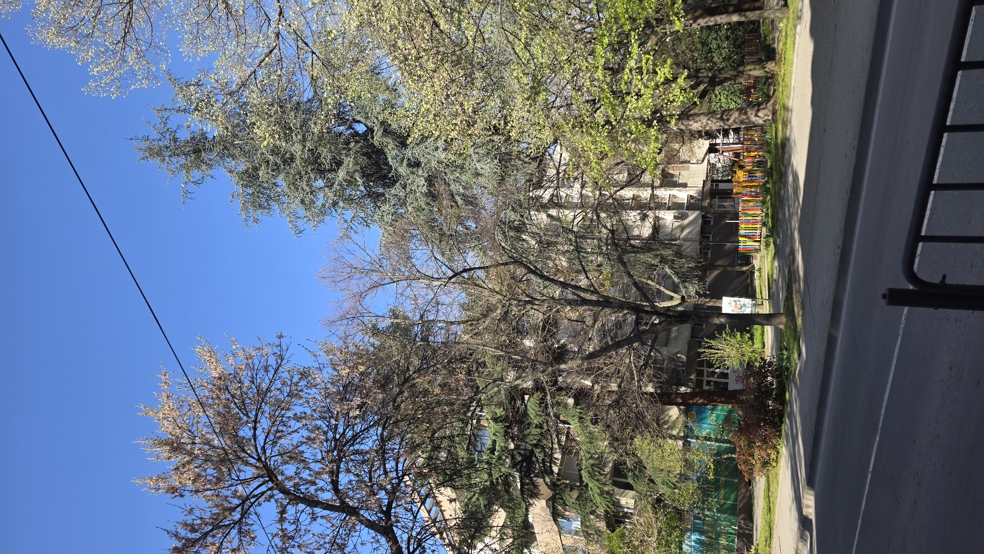 The image depicts a street scene in Blagoevgrad, Bulgaria. A row of multi-story buildings lines the street, partially obscured by trees with varying degrees of foliage. A playground with colorful equipment is visible along the building's base. A section of road and sidewalk are in the foreground, and a fence is on the right edge of the frame. The sky is blue with a power line cutting diagonally across.