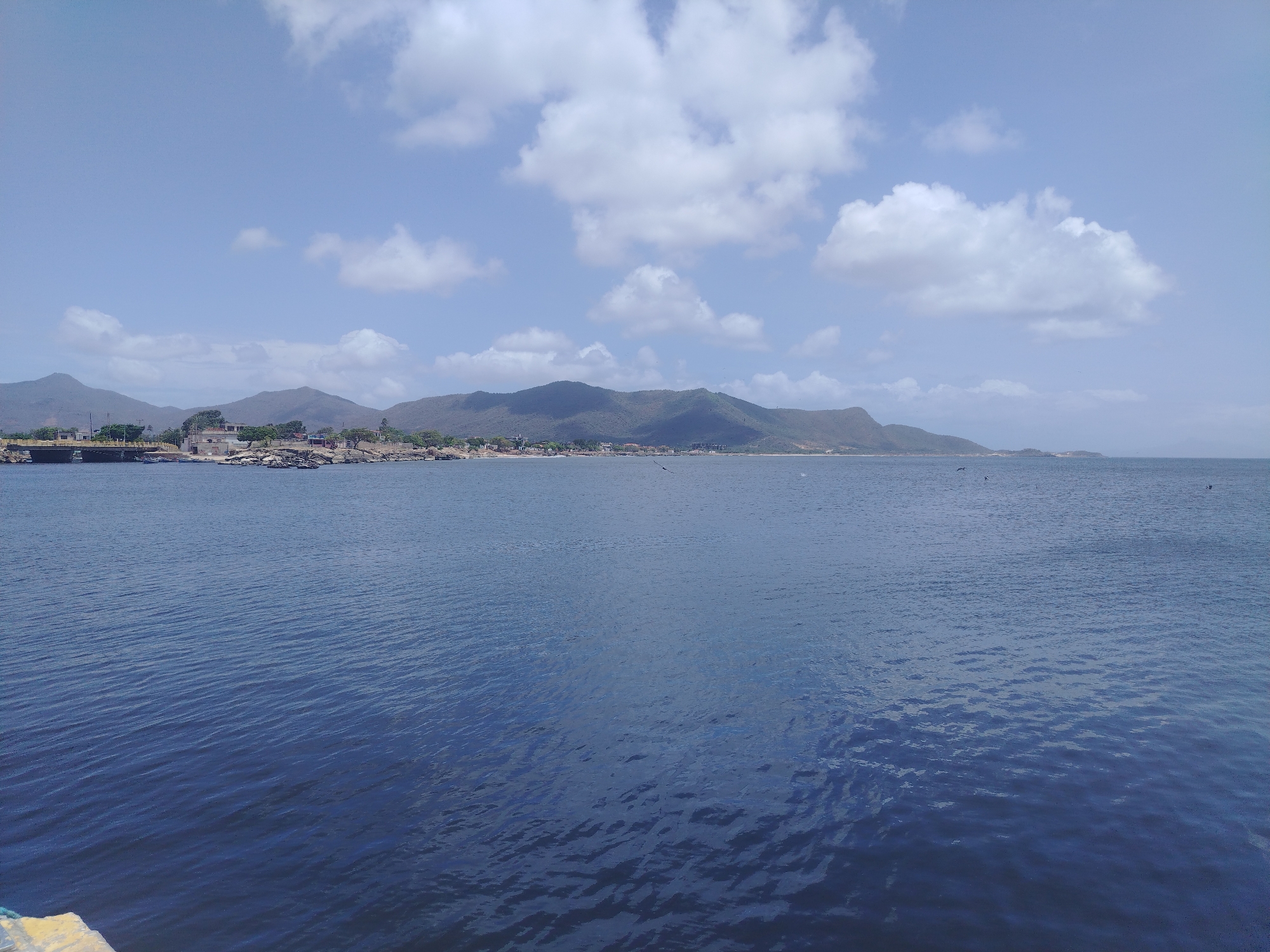 The image depicts a wide view of the sea in Juan Griego, Venezuela, under a partly cloudy sky. In the distance, the coastline features a range of rolling hills covered in vegetation, with a town or settlement nestled along the shore. A prominent bridge spans a portion of the water closer to the town. The sea itself is a deep blue with visible ripples, suggesting a gentle breeze. Several birds are visible flying over the water. The foreground shows a small portion of a yellow and white object, possibly a pier or a boat, with a dark blue water surface in front of it. The overall scene conveys a sense of coastal tranquility.