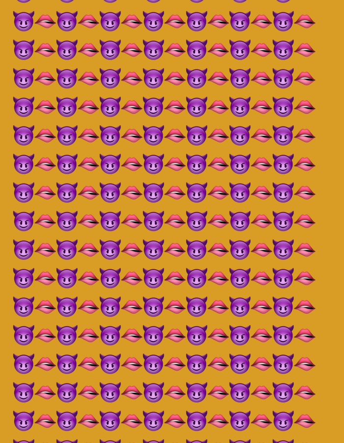 The image is a digitally generated pattern of purple devil face emojis and pink lips emojis arranged in horizontal rows and vertical columns against a solid orange background. The pattern is consistent throughout the image.