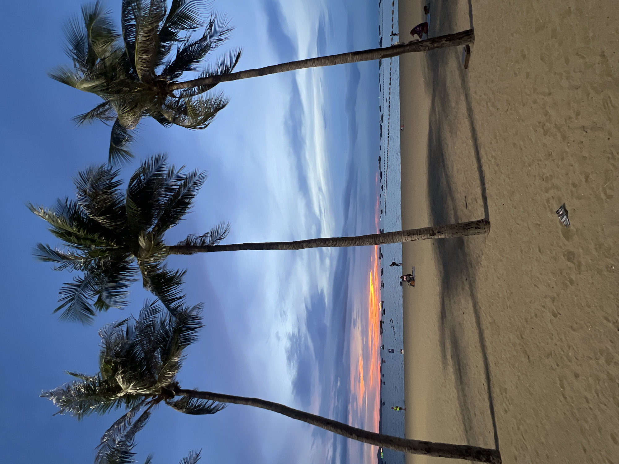 A beach scene in Pattaya City, Thailand, features three prominent palm trees casting long shadows across the sand during twilight. The sky displays a gradient of blues and purples, with hints of orange and yellow from a setting sun near the horizon. Several boats are visible on the calm water, and a rope barrier extends across the sea, demarcating a swimming area. A few individuals are scattered across the beach and near the water's edge. One person in a bright yellow shirt stands near the water, while another person is seated on a mat. Further down the beach, a person in a dark hooded garment is also seated. The sand is smooth, with some small debris, including a crumpled paper wrapper, visible on the foreground.