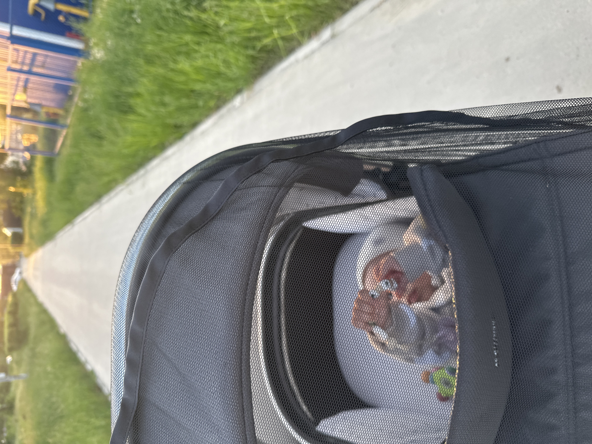 The image depicts the interior of a baby stroller with a mesh cover. Inside, a baby is visible, along with toys. The stroller is positioned on a paved pathway adjacent to a grassy area. In the background, a playground structure and buildings can be discerned. Based on the image content, it is not possible to ascertain the location in Chaikovsky, Russia.