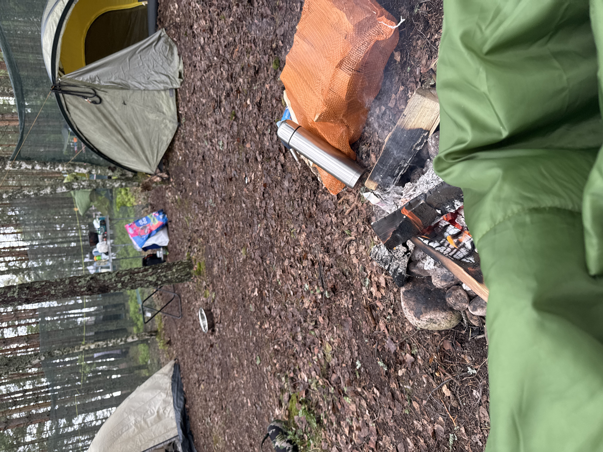 The image shows a campsite in a wooded area, likely near Luzhki, Russia. Visible elements include two tents, a campfire surrounded by rocks, a bag of firewood, a thermos, a chair, and scattered camping gear. The ground is covered in fallen leaves and pine needles. A green jacket obscures part of the campfire.