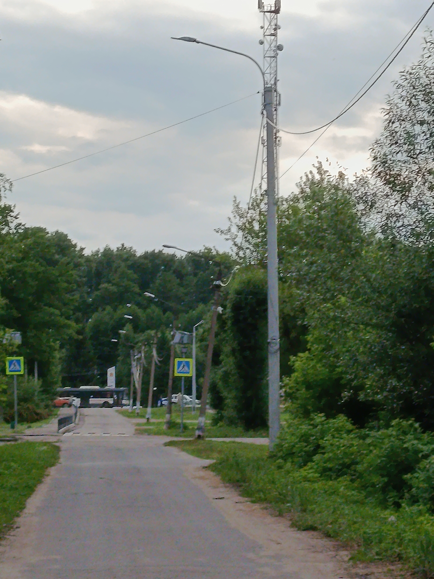 The image shows a street in Veraya, Russia. The street is paved and lined with trees and streetlights. There are two pedestrian crossing signs visible. A bus and a car are seen on the road. The sky is cloudy.