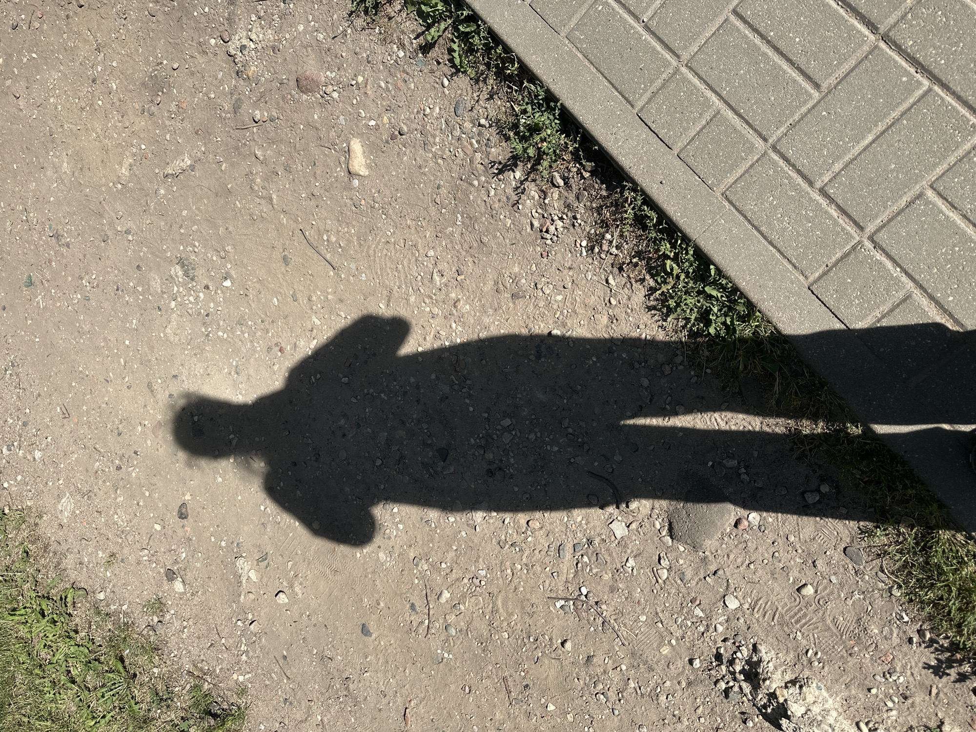 The image shows a shadow of a person cast on a dirt path next to a paved sidewalk in Minsk, Belarus. The ground is composed of dirt and small stones, with some patches of grass growing along the edge of the path. The sidewalk is made of gray rectangular pavers laid in a herringbone pattern. The sun is bright, casting a long, distinct shadow of a person standing upright. The person's shadow appears to be holding something in their hands, possibly a phone. The environment suggests a sunny day outdoors, likely in a park or along a walking trail within the city.