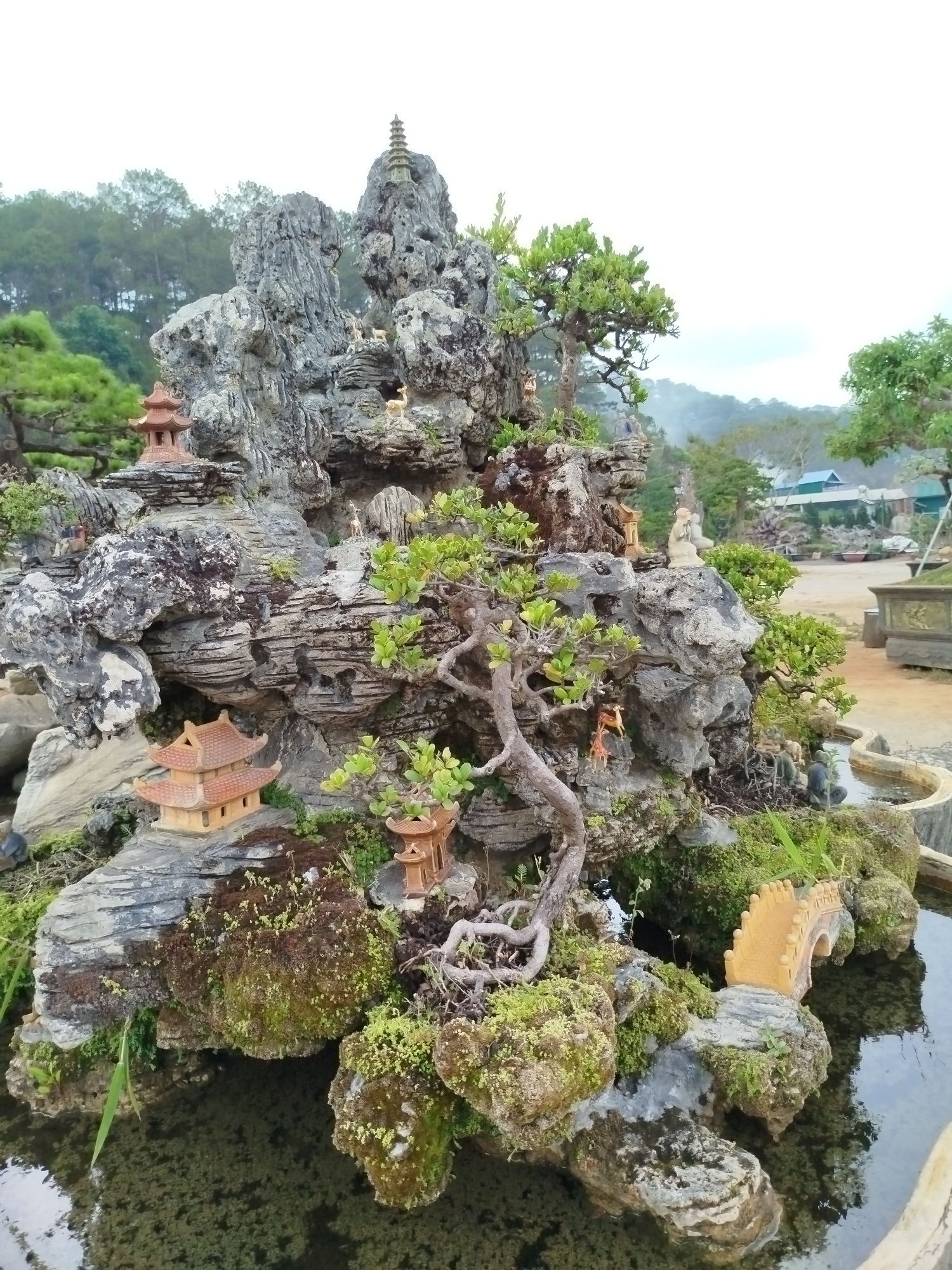 A detailed bonsai arrangement, likely located in Hiep Thanh, Vietnam, is displayed in an outdoor setting. The arrangement features a layered rock formation with moss and miniature trees. Several small decorative elements are incorporated, including miniature pagodas and figurines of animals. The base of the formation is surrounded by a pool of water, which reflects the arrangement and sky. In the background, there is a landscape with trees and distant buildings, indicating an urban park or garden location. The day is overcast, suggesting either morning or late afternoon.