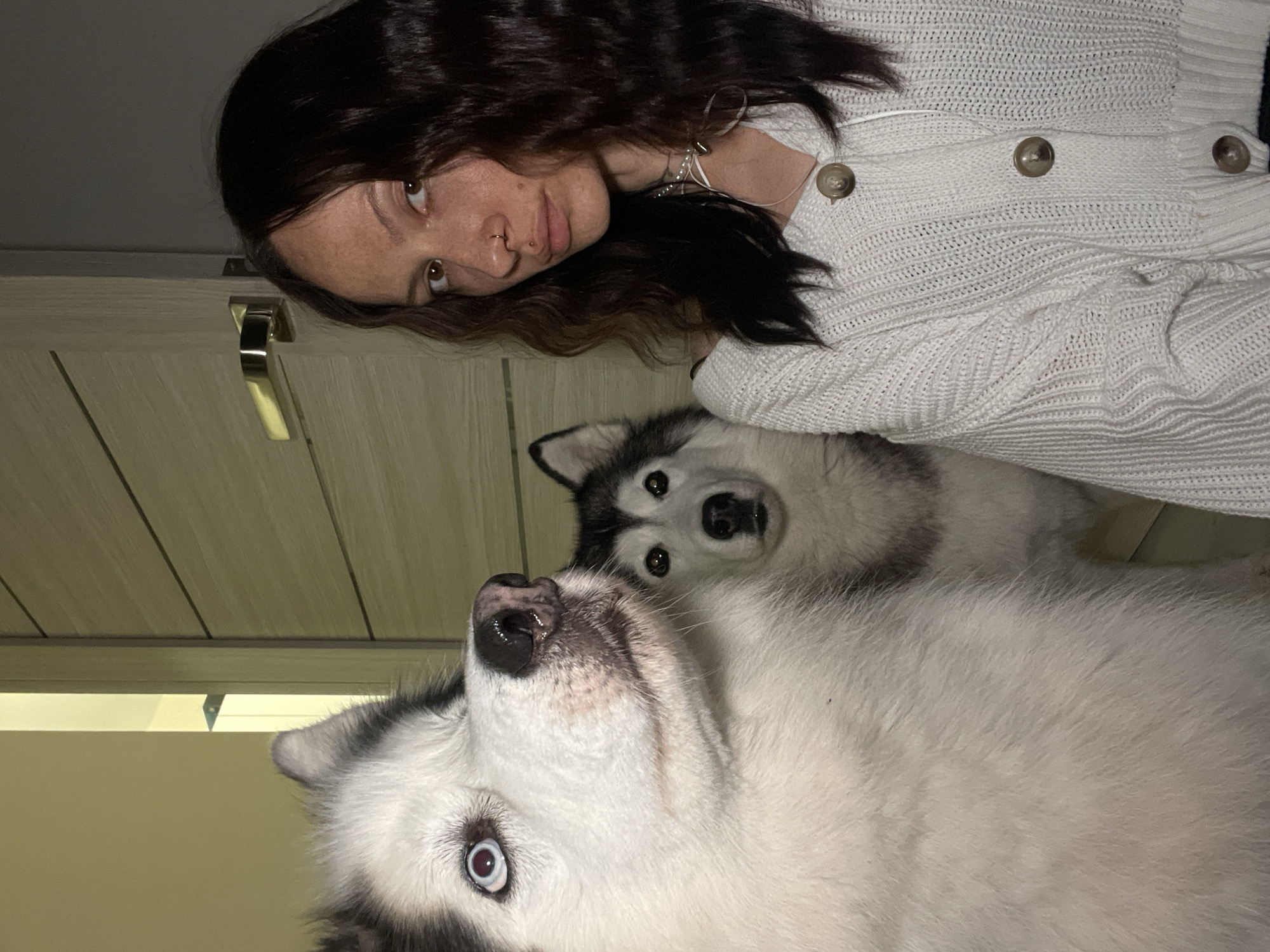 An indoor, low-angle photograph captures a young woman and two husky dogs in a casual moment. The image is oriented sideways, showing the woman's head and torso from the left, looking directly at the camera with a gentle expression. She has long, dark, wavy hair and brown eyes, with visible freckles on her nose and cheeks. She wears a white knitted cardigan with three light brown buttons down the front and a silver necklace. A septum ring and a nostril piercing are visible on her nose.
Below her, positioned towards the center and right of the frame, are two husky dogs. The most prominent dog in the foreground has white and dark grey fur, with one striking blue eye and one dark eye, and a black nose. It looks upwards towards the camera. Behind and slightly above this dog, the face of a second husky is visible, also with white and dark grey fur and dark eyes, looking forward.
The background includes a light-colored wooden door with a silver handle on the left, and a neutral-toned wall or ceiling above and to the right. The lighting is soft and somewhat dim, suggesting an indoor setting. There is no visible text in the image. The scene conveys a sense of quiet companionship between the woman and her pets. The location context provided is Izhevsk, Russia.
