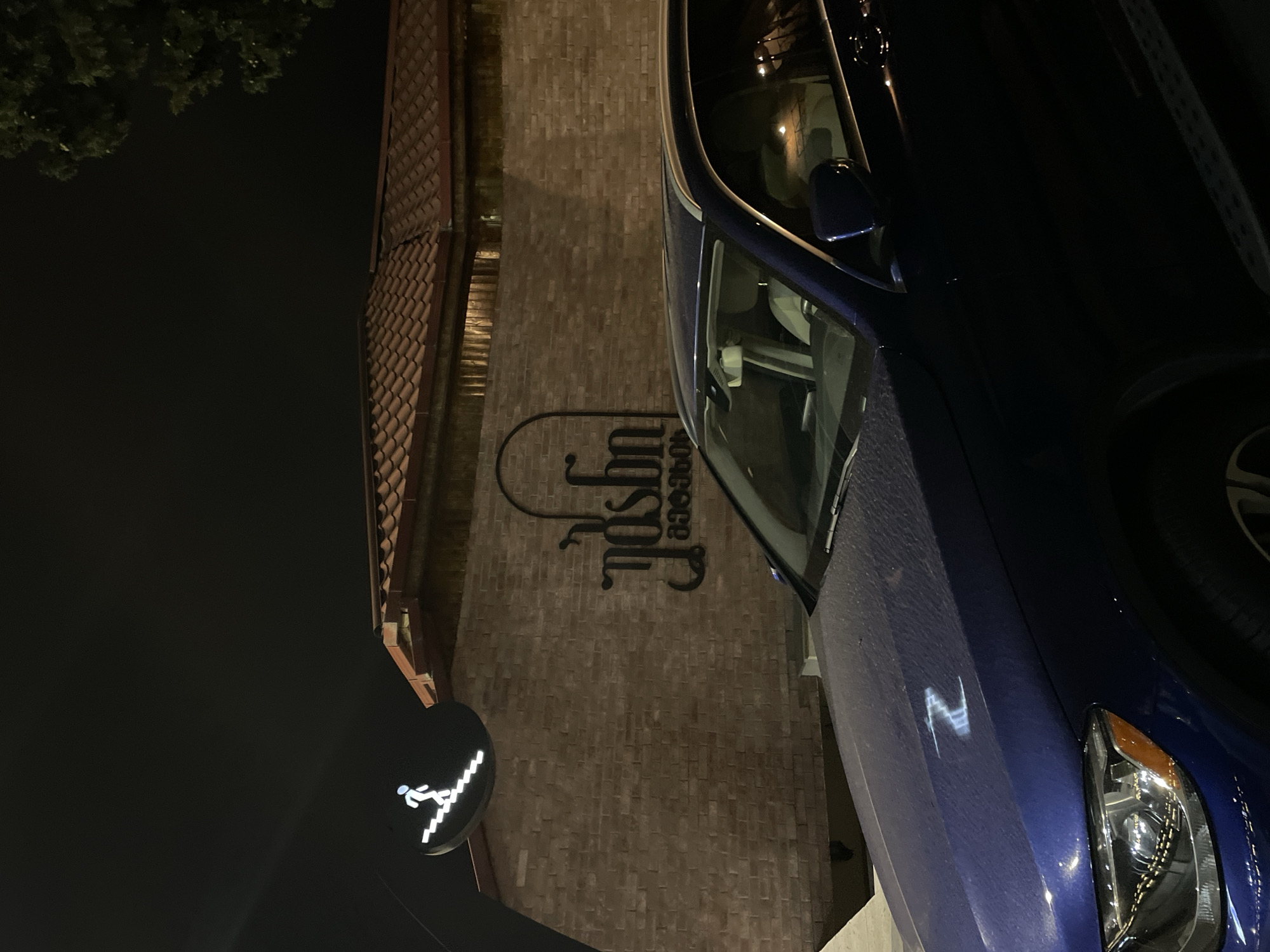 The image captures an exterior night scene, likely in an urban area, featuring a dark blue car parked next to a brick building facade. The perspective is slightly elevated, looking down.
On the right side of the frame, a dark blue car, possibly a sedan or SUV, is parked. Its front headlight is illuminated, and a portion of its hood and side are visible, reflecting ambient light.
The left side of the image is dominated by a brick wall, part of a building. Mounted on this wall are two distinct signs. The most prominent is a large, black, stylized sign with text written vertically in a decorative script. The top part of the text appears to read "Yasmin" or "Jasmin," followed by "Georgia" in smaller, also vertically oriented letters below it. The lettering is ornate and somewhat mirrored. To the left of this main sign, there is a circular black sign with an illuminated white pictogram depicting a figure ascending a staircase, likely indicating a stair access point or entrance.
The upper left corner of the image shows dark foliage, suggesting a tree or bushes, silhouetted against the dark night sky. The scene is illuminated by artificial lights, highlighting the building wall, the signs, and sections of the car. No people are visible, and the scene is static, capturing an everyday street view at night. The location is Tbilisi, Georgia, as indicated by the text on the sign and the provided context.