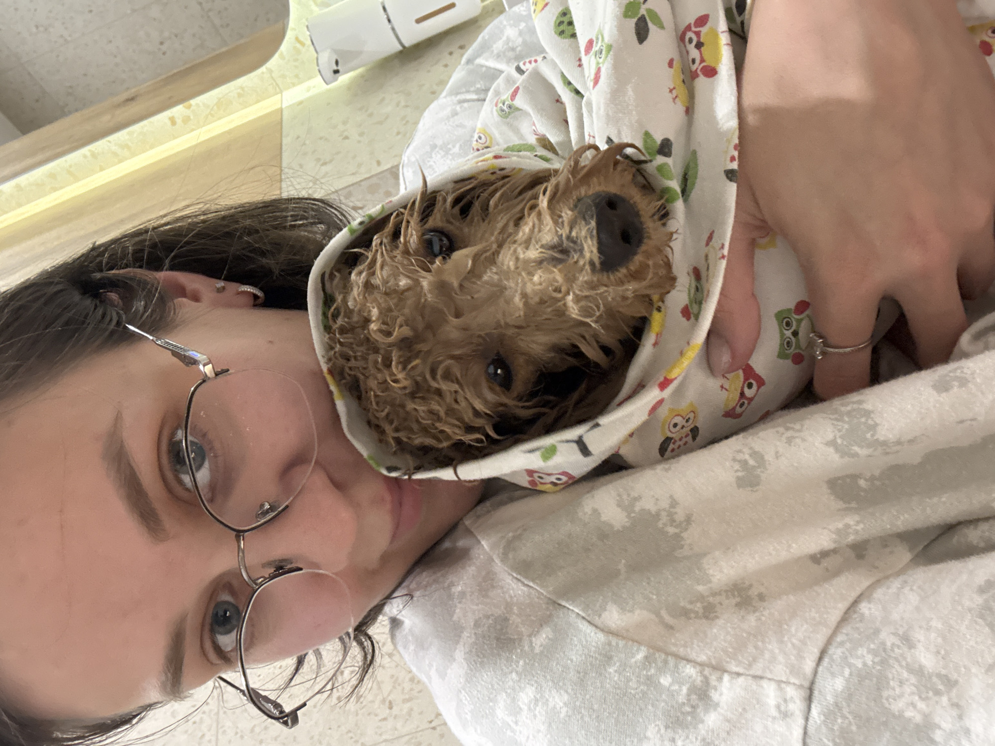 A selfie shows a Caucasian woman wearing wire-rimmed glasses, holding a small, wet, brown poodle wrapped in a white baby blanket with a pattern of colorful owls. The background appears to be an indoor setting, possibly a bathroom, with tile flooring and a laminate countertop. The city of Pervomaysky, Russia is not identifiable in this image.