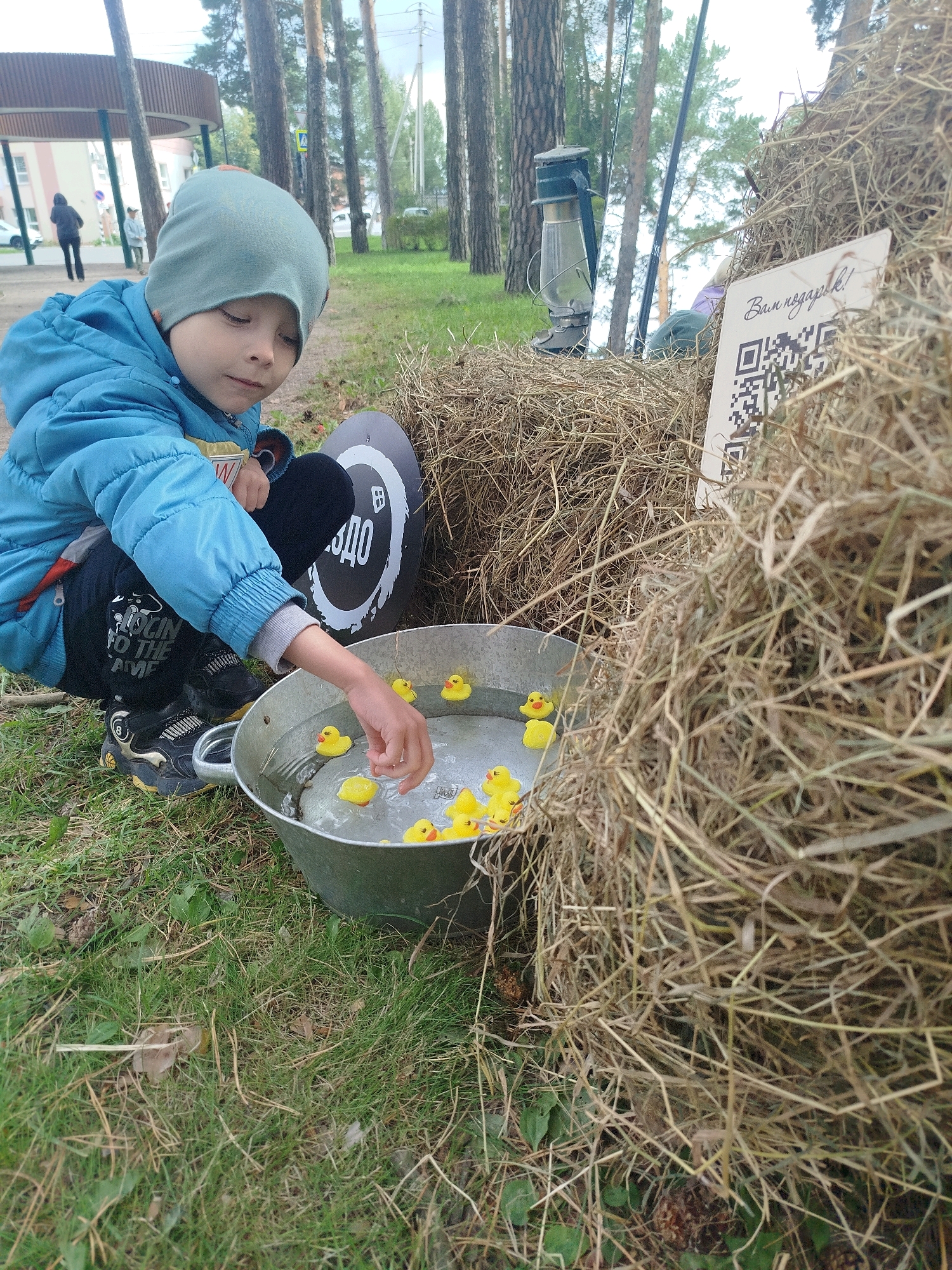 In Zavodoukovsk, Russia, on a cloudy day, a young boy wearing a blue jacket and a light blue beanie kneels on the grass. He is focused on a metal tub filled with water, where several yellow rubber ducks are floating. His right hand is reaching into the tub, interacting with the ducks. The tub is positioned next to a large pile of hay. To the right of the hay, a sign with a QR code and text in Russian reads "Ваш подарок!" (Your gift!). In the background, pine trees dominate the landscape, with a building and a street visible further beyond. A vintage oil lamp sits atop the hay pile.