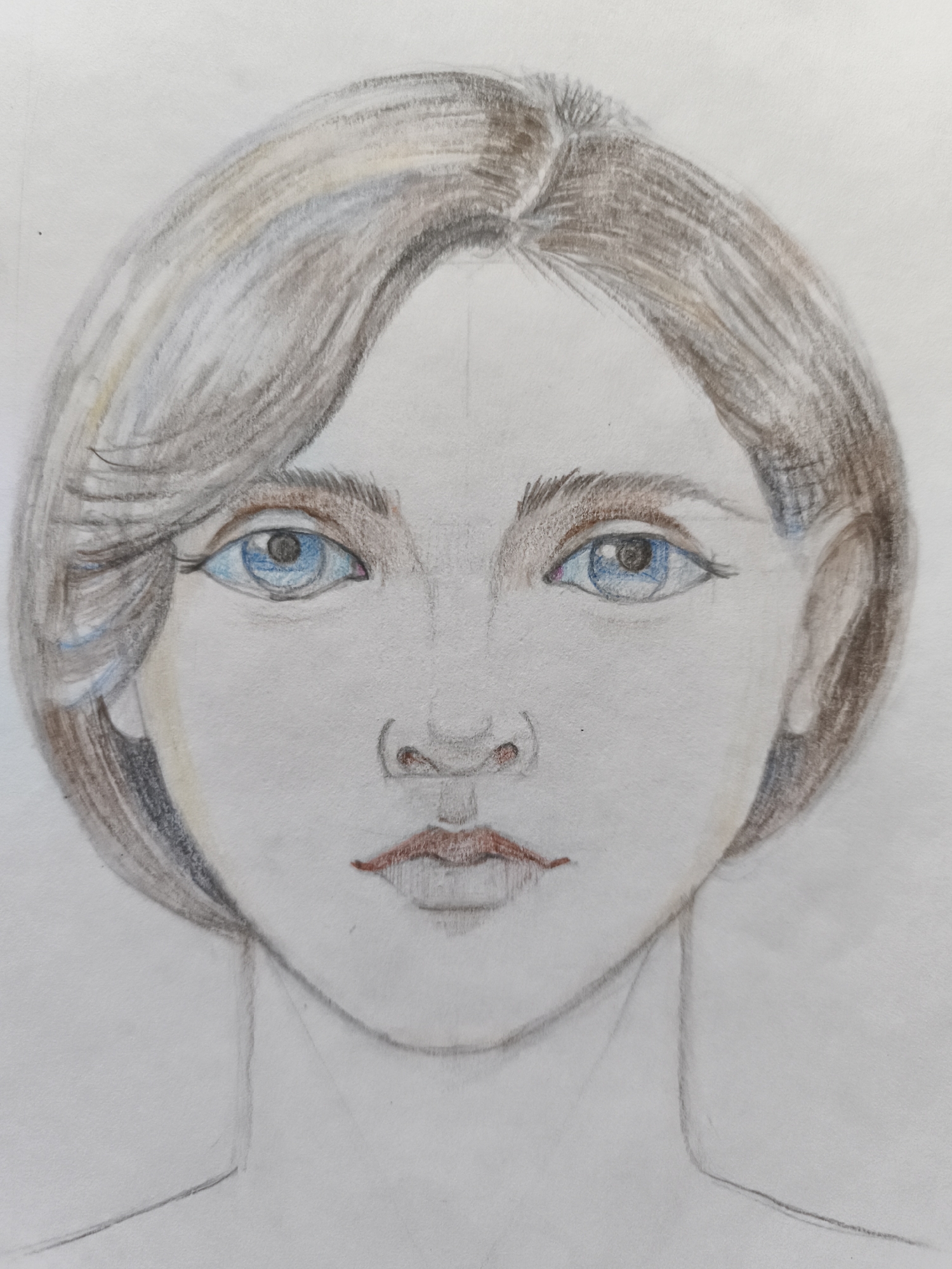 The image is a close-up colored pencil drawing of a young person's face, viewed from the front. The subject has short, brown hair with some lighter streaks and light blue eyes. The nose is small and delicate, and the lips are slightly parted and colored a muted red. The drawing is on a plain white background, and there are faint lines suggesting the shoulders and neck. The drawing does not depict any specific location in Saint-Denis, France.