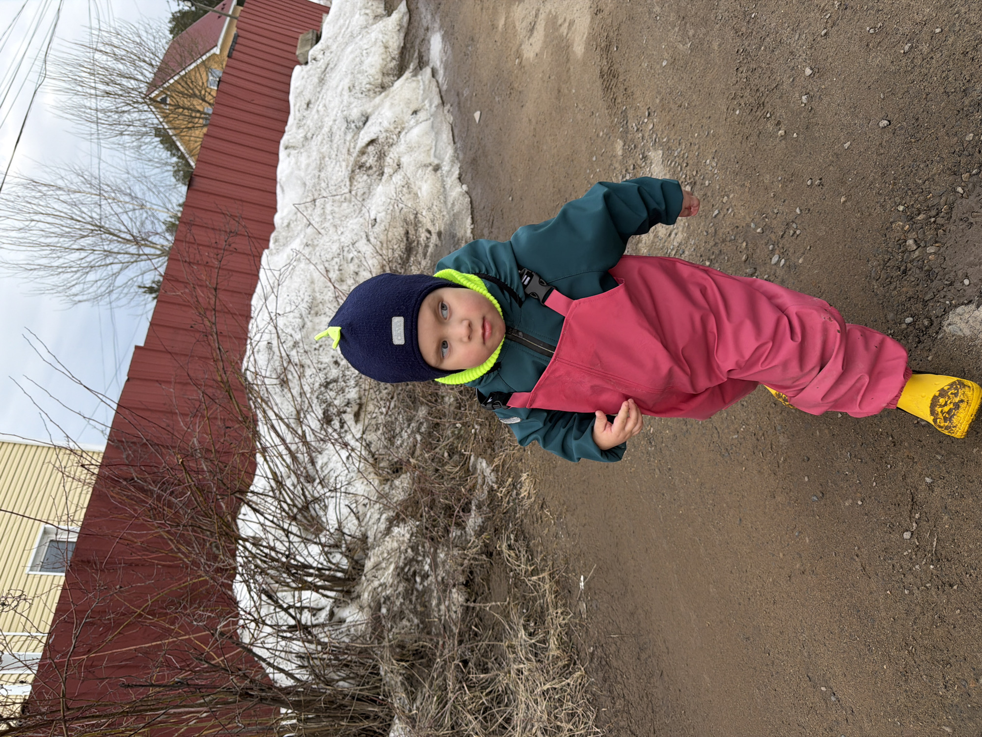 A young child wearing a navy blue hat with a neon green tassel, a teal jacket, pink overalls, and yellow boots stands on a dirt path next to a patch of melting snow. The path is covered in small pebbles. In the background, there is a brown wooden fence and bare branches of a bush. Behind the fence, parts of yellow and red buildings are visible. The location is in Chaikovsky, Russia.