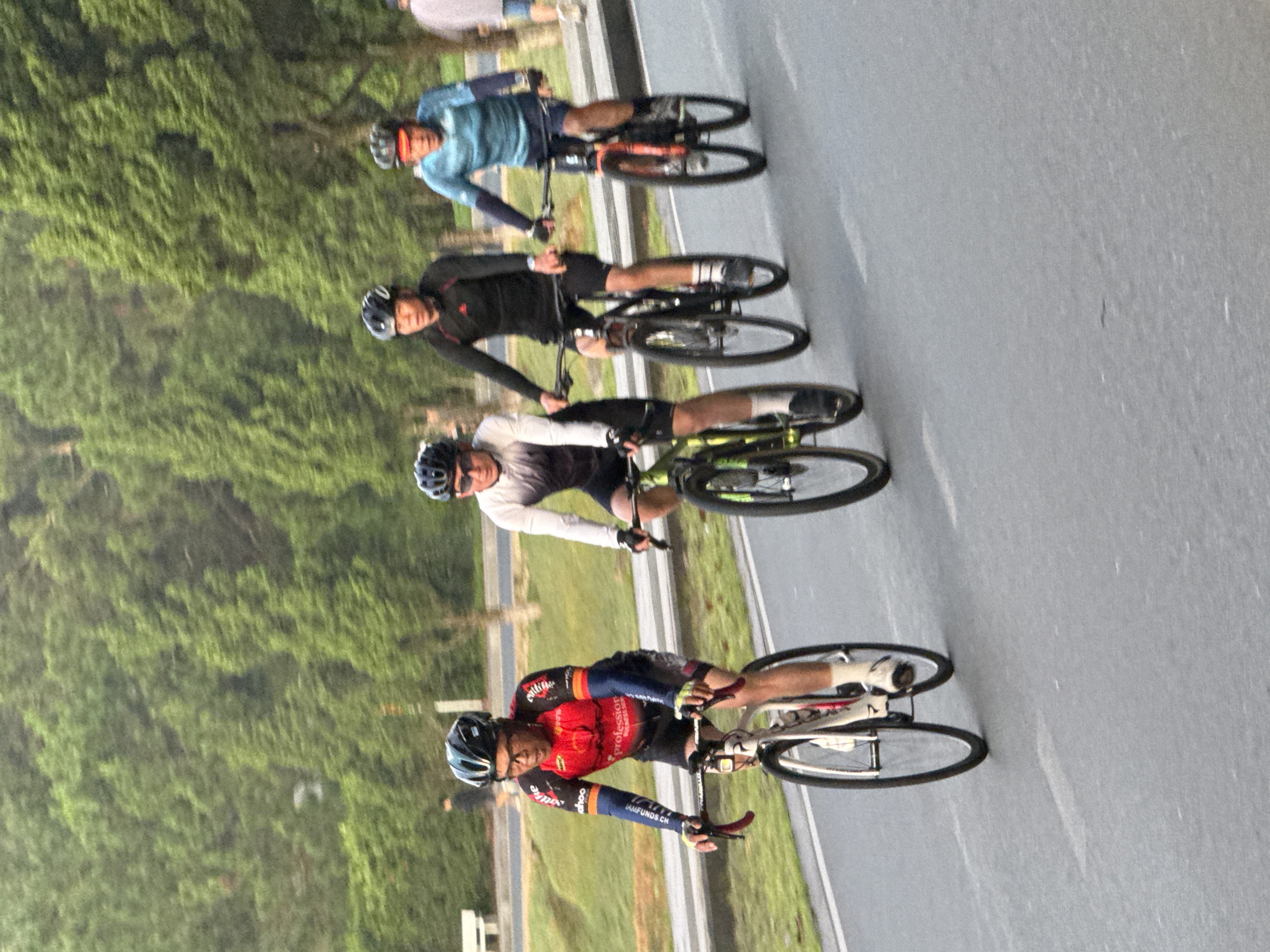 Four cyclists are riding on a paved road in Phường Xuân Hương - Đà Lạt, Vietnam. The cyclist in the foreground is wearing a red and black cycling jersey with "Professor" written on it, black shorts, and a black helmet. He is on a road bike with white handlebars and frame. To his right, a cyclist in a black long-sleeved shirt and black shorts is on a mountain bike with black wheels. Further back, another cyclist in a light blue long-sleeved shirt and black shorts is also on a mountain bike with orange and black wheels. The furthest cyclist is wearing a light grey long-sleeved shirt and dark shorts, also on a mountain bike. The cyclists are positioned from left to right in the frame. The background consists of lush green trees and foliage, characteristic of a park or wooded area. A white bench is visible in the far left background. The road is gray asphalt with white lane markings. The lighting suggests it is daytime, possibly early morning or late afternoon given the soft light.