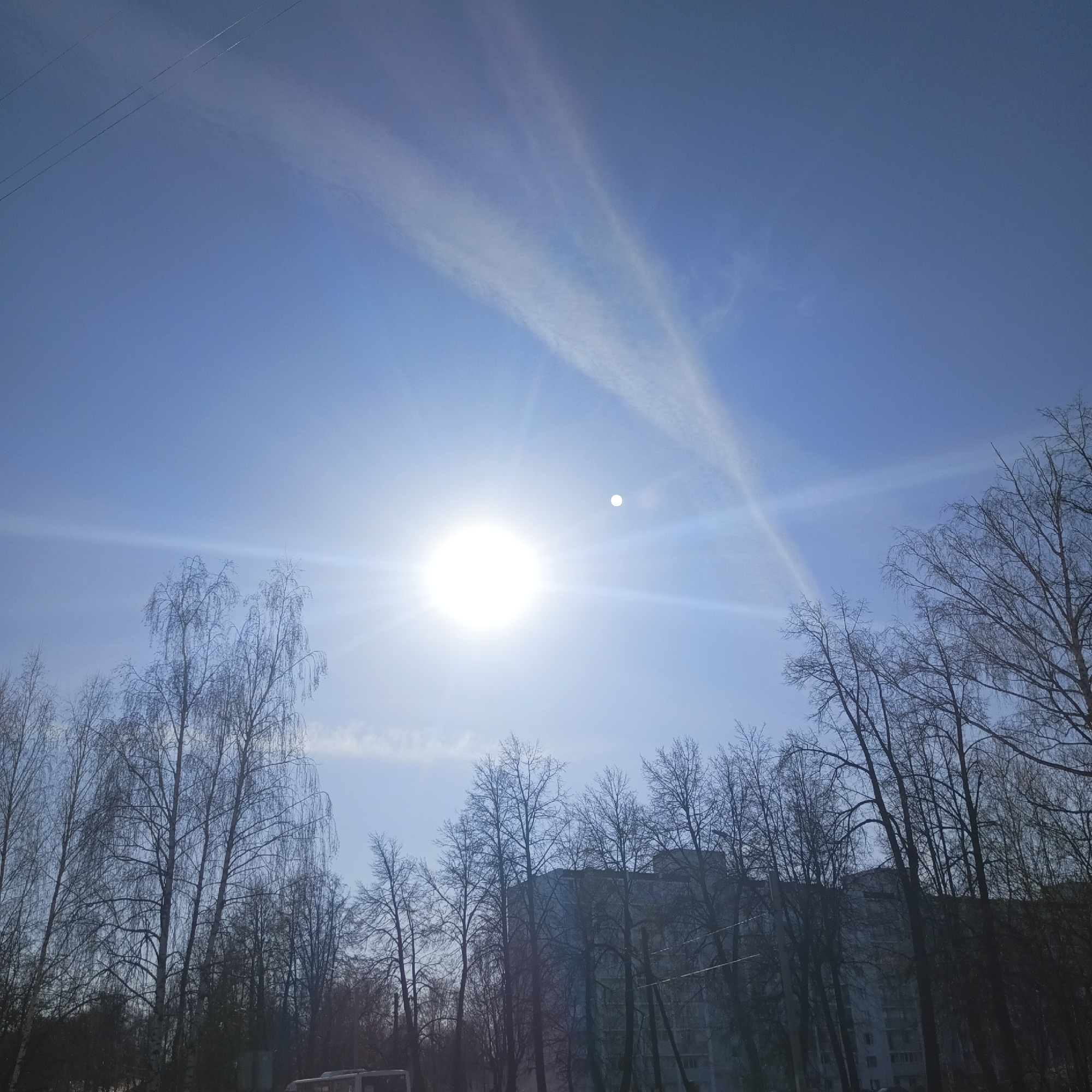 A bright, sunny daytime scene unfolds with a clear, vivid blue sky dominating the upper half of the frame. The sun, a brilliant and overexposed white orb, is prominently featured in the mid-left portion of the sky, radiating strong light rays and creating a noticeable lens flare. To its right, a smaller, fainter white circle is visible, possibly an optical phenomenon. Two faint, wispy cloud-like streaks, possibly contrails or cirrus clouds, traverse the sky diagonally. Thin, dark power lines are subtly present in the upper left corner.
The lower half of the image is characterized by a dense line of bare deciduous trees, silhouetted against the bright sky. These trees, likely in late winter or early spring, showcase intricate branch patterns devoid of foliage. Behind the trees on the right side, the indistinct, darkened shapes of multi-story buildings can be discerned, appearing shadowed due to the intense backlighting from the sun.
The scene conveys a crisp, clear day, likely midday or early afternoon given the sun's high position. The bare trees suggest cold weather conditions. The setting appears to be an urban or suburban environment in Chaikovsky, Russia. There are no people visible, and no discernible text is present in the image.