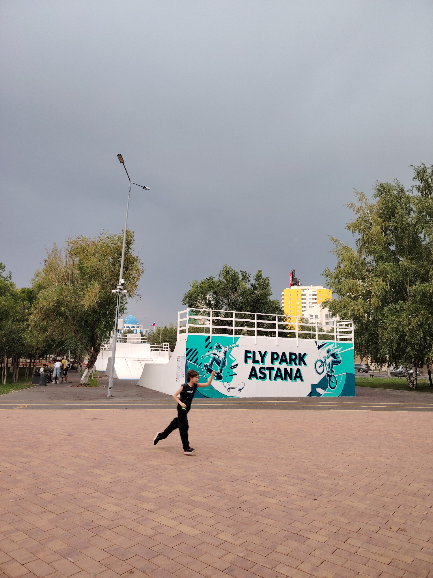 The image depicts an outdoor scene at "Fly Park Astana," a skate park located in Astana, Kazakhstan. In the foreground, a young person wearing a black t-shirt and black pants is in motion, running across a paved area made of reddish-brown rectangular bricks. The person's body is blurred due to movement.
Behind the runner, a white skate park structure with ramps and railings is visible. The structure features a prominent mural with the text "FLY PARK ASTANA" in large, teal-colored lettering. The mural also includes graphic illustrations of a skateboarder and a BMX rider on a ramp, rendered in teal and white.
In the background, several trees with green foliage line a pathway. To the left, a street lamp with two lights stands tall. Further in the background, a building with a blue dome and white architectural details is visible, along with a tall yellow building. The sky is overcast with a dark, cloudy appearance. Several other individuals are present in the background, some sitting and others standing near the skate park structure. Cars are parked or driving on a road visible beyond the skate park.