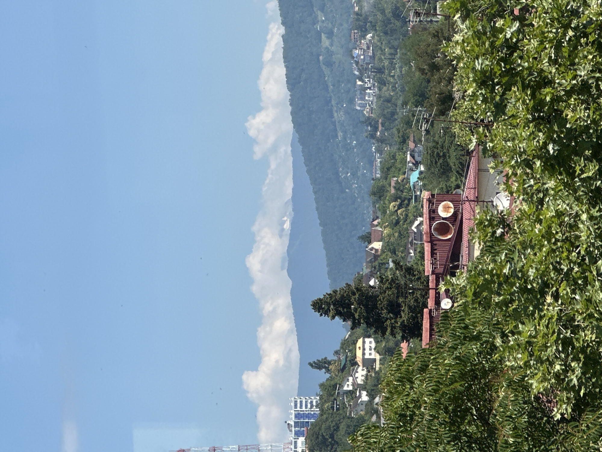 The image captures a panoramic view of a hillside settlement in Sochi, Russia, on a bright, clear day. The foreground is dominated by lush green foliage, with the tops of trees and shrubs obscuring the lower portions of buildings.
In the middle ground, a collection of houses and smaller structures are nestled into the undulating terrain. Many of these buildings feature red-tiled roofs, and some are equipped with satellite dishes. A particularly prominent evergreen tree stands tall amidst the houses, adding a vertical element to the scene.
Further up the hill, a large, modern building with a blue and white facade is visible, situated near a tall white and red communication tower. Beyond this settlement, a series of green, forested mountains form the backdrop, gradually receding into the distance. The sky above is a clear, vibrant blue, with scattered, fluffy white clouds drifting near the mountain peaks. The overall impression is one of a picturesque, developed hillside community integrated into a natural, mountainous environment.