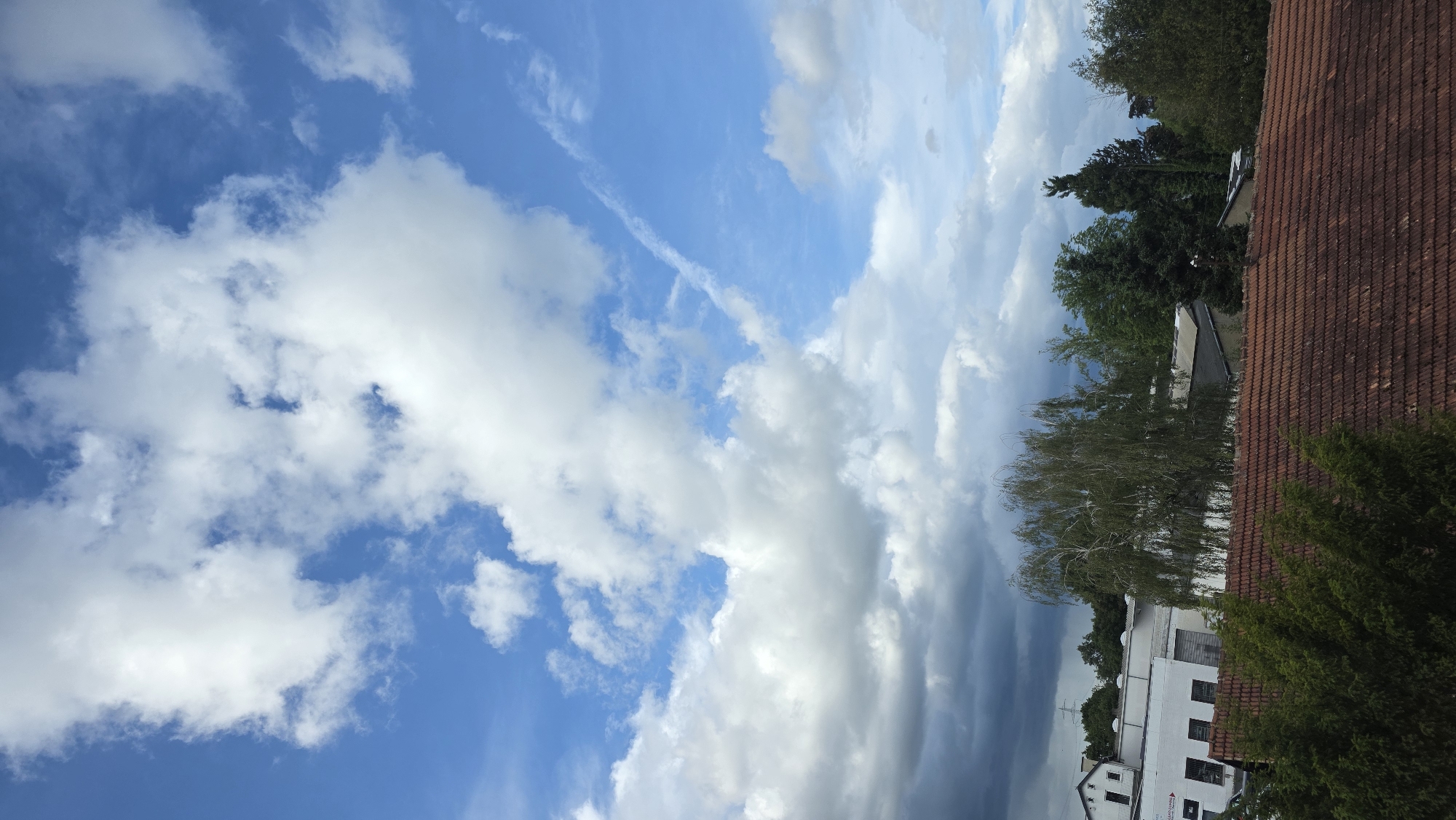 This is a vertical, outdoor shot of a cloudy sky and a residential area. The sky is predominantly blue with fluffy white clouds, but also shows darker, more ominous clouds in the distance. A contrail from an airplane is visible in the upper left portion of the sky. Below the sky, a cluster of trees can be seen, interspersed with buildings. The closest building has a red tile roof, and another building is white with dark windows. The overall impression is of a partly cloudy day, possibly with the threat of rain. The image lacks any discernible people or specific objects that would indicate a particular activity. There is no visible text in the image. The lighting suggests it is daytime, but the exact time is unclear due to the cloud cover.