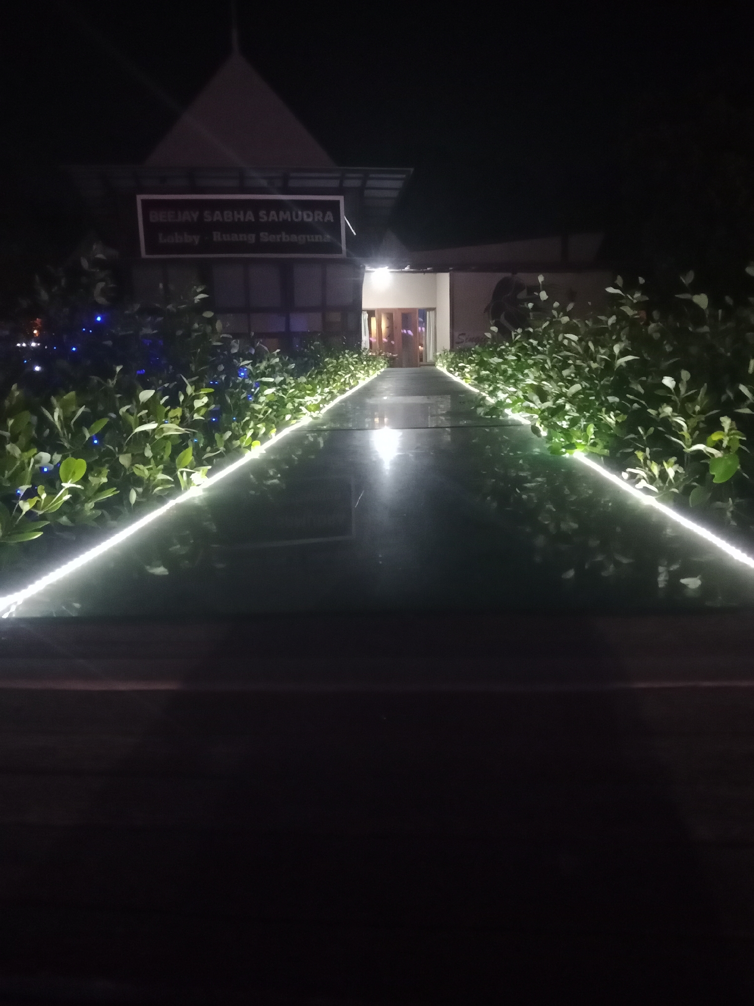 The image shows an illuminated pathway leading to a building at night. The pathway is flanked by dense green bushes with white LED strip lights running along their base and the edge of the path. The building in the background has a sign that reads "BEEJAY SABHA SAMUDRA Lobby - Ruang Serbaguna". The building's facade features wooden accents and a bright opening that suggests an entrance. The overall scene suggests an entrance to a venue or establishment, possibly a hotel or event space, in a city setting. Based on the sign, this location is likely in Probolinggo, Indonesia.