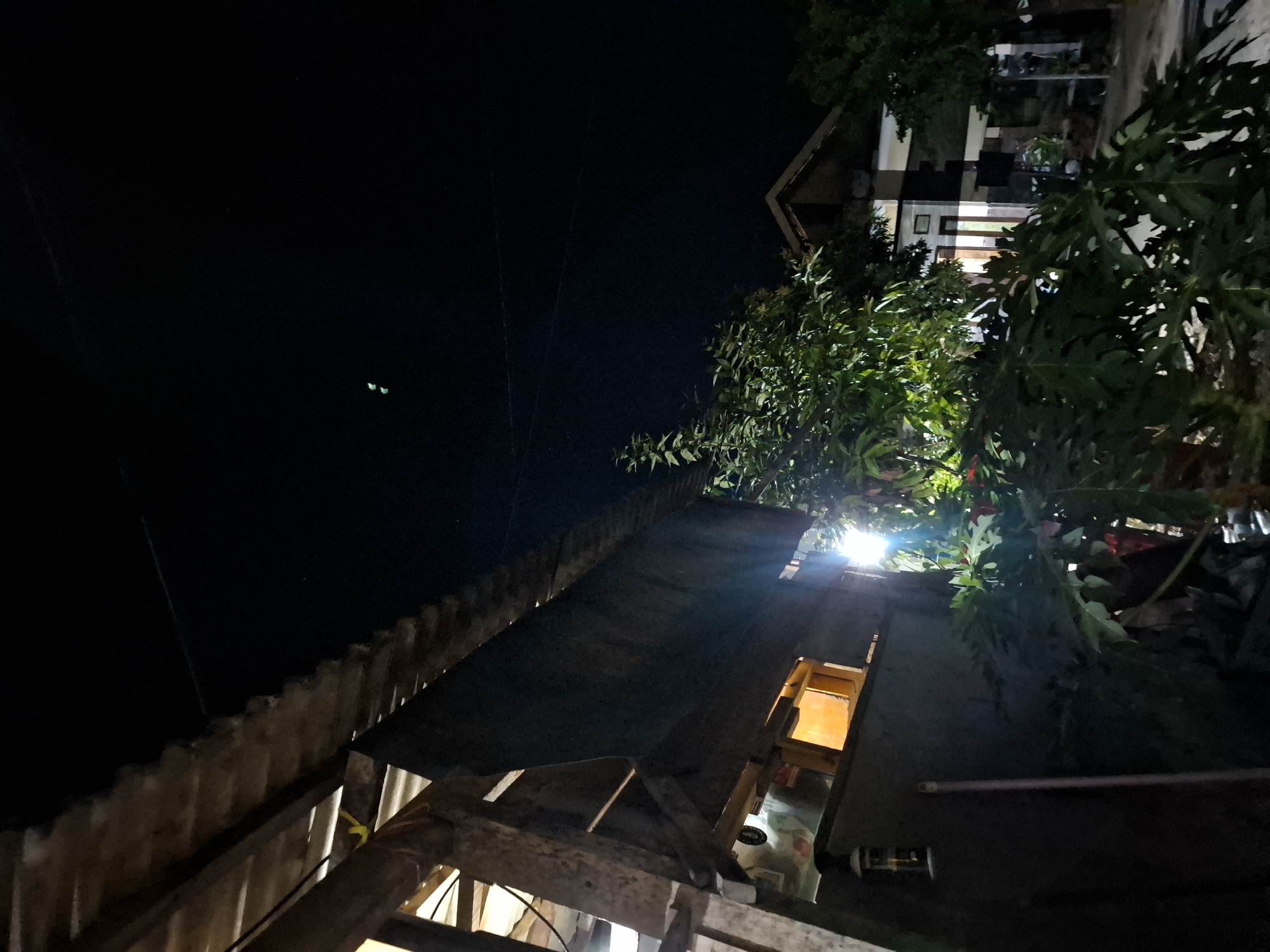 A night time, outdoor, low angle, wide shot captures a residential scene in Bulubrangsi, Indonesia. To the left, a weathered, corrugated tin roof overhangs a rough wooden structure. A dark tarpaulin is draped over part of the structure, with an interior light glowing through an opening. A lantern hangs from the wooden beams. In the foreground and midground, lush green foliage, possibly papaya leaves, obscures parts of the scene. In the background, a house with a checkered facade and a peaked roof is visible, with lights emanating from its windows. The sky is dark and clear, with a few faint lights visible. There are no people present in the image.