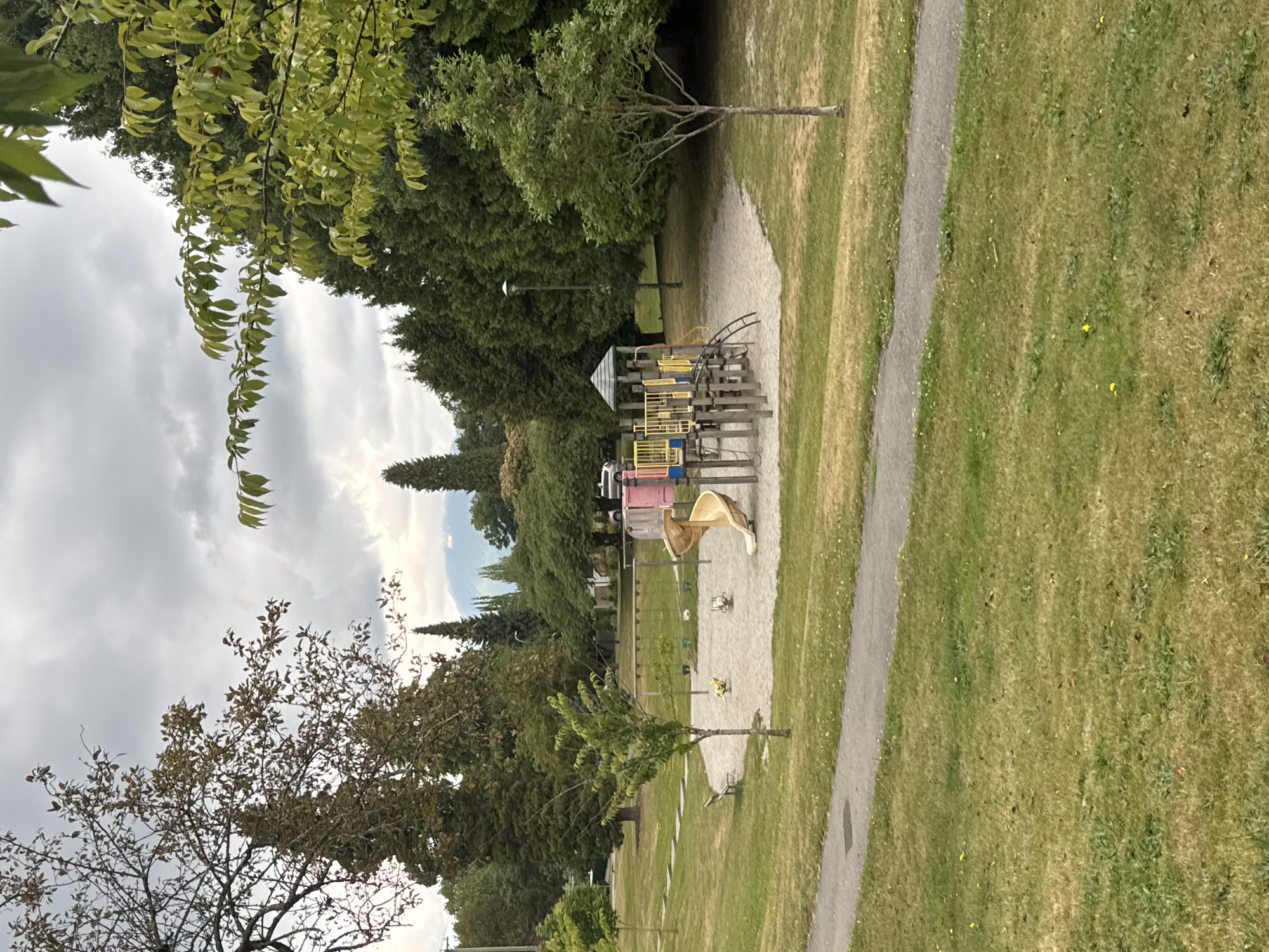 The image captures a playground in Vancouver, Canada, on an overcast day. In the foreground, a paved pathway curves through a grassy area with scattered yellow dandelions. To the right, a young, thin-trunked deciduous tree stands.
The playground itself is situated on a sand-covered area. It features a large, multi-colored play structure with yellow and blue railings, a pink slide, and a beige spiral slide. There are also two spring riders, one yellow resembling a horse and another red. A swing set with chains is visible in the background of the playground. A park bench is located to the left of the playground on the grass.
Beyond the playground, a line of mature evergreen trees forms a dense backdrop, with some deciduous trees interspersed among them. In the distance, the faint outline of mountains can be seen under the cloudy sky. A light pole is visible amongst the trees behind the playground. The general environment suggests a park setting within a residential area, with hints of distant houses and a parked car on the right side of the image. The overall mood is subdued due to the overcast weather.