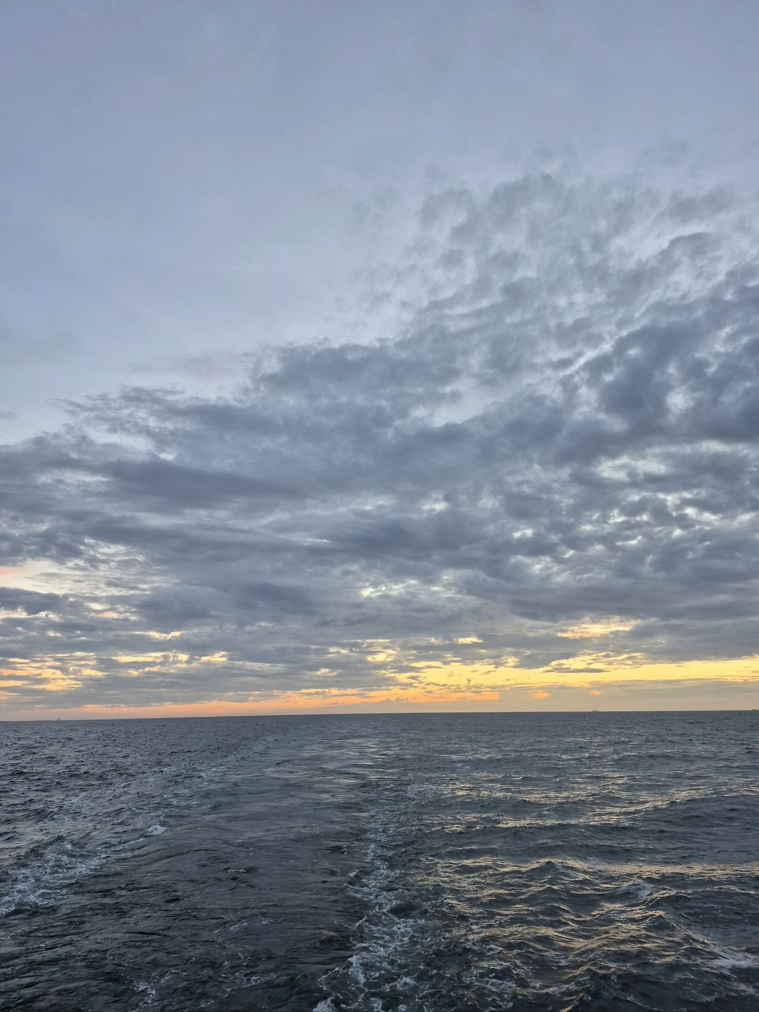 The image shows a vast expanse of dark, choppy water under a cloudy sky. The water is a deep, grayish-blue, with white foam and ripples visible, suggesting movement. The sky is filled with a multitude of gray clouds, with patches of orange and yellow peeking through near the horizon, indicating either sunrise or sunset. The horizon line is sharp and divides the sky from the water. There are no people or man-made structures immediately visible, though a faint silhouette of a ship can be seen on the distant horizon. The scene appears to be an open body of water, possibly the ocean or a large sea, with no land in sight. The overall mood is somber and tranquil.