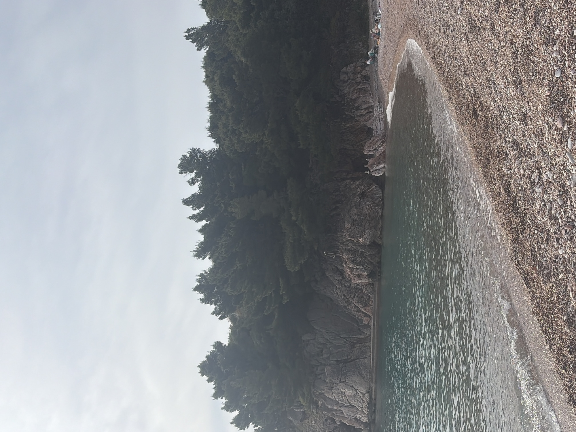 The image shows a pebble beach with clear water and a rocky coastline covered in trees. A hazy sky is visible. The location is unknown.