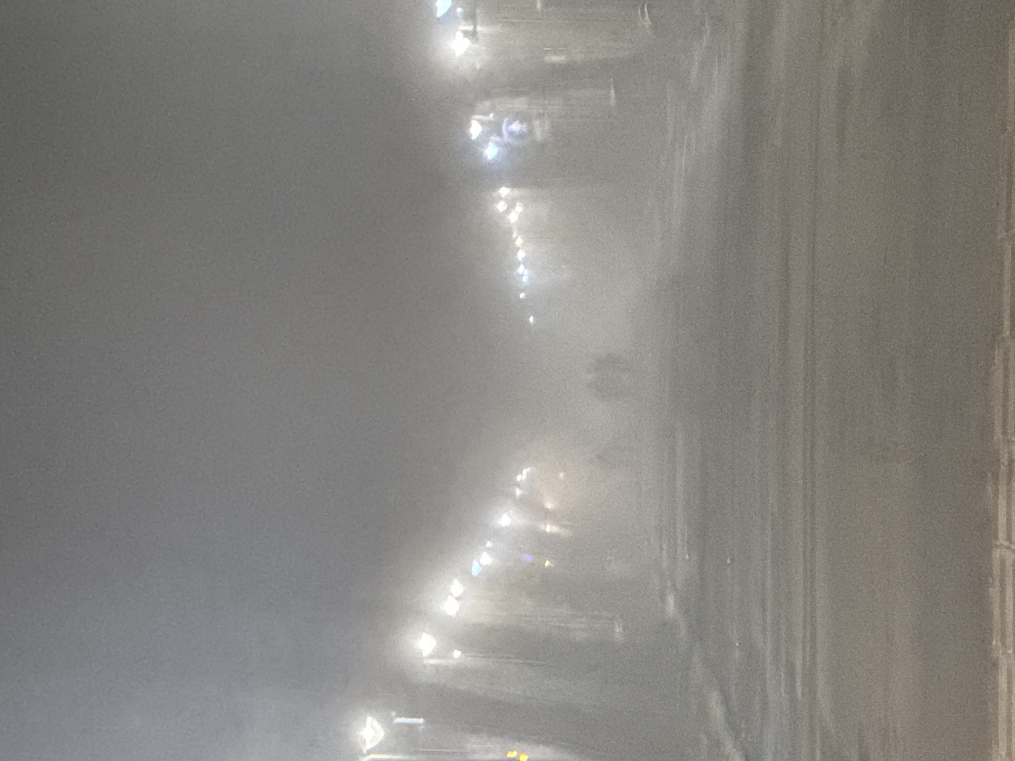 The image depicts a street scene in Burgas, Bulgaria, obscured by heavy fog. Streetlights are visible, illuminating the fog and indicating the presence of a road running along the right side of the image. The scene has low visibility, hindering a comprehensive description. People are present but their features are indistinct due to the fog.