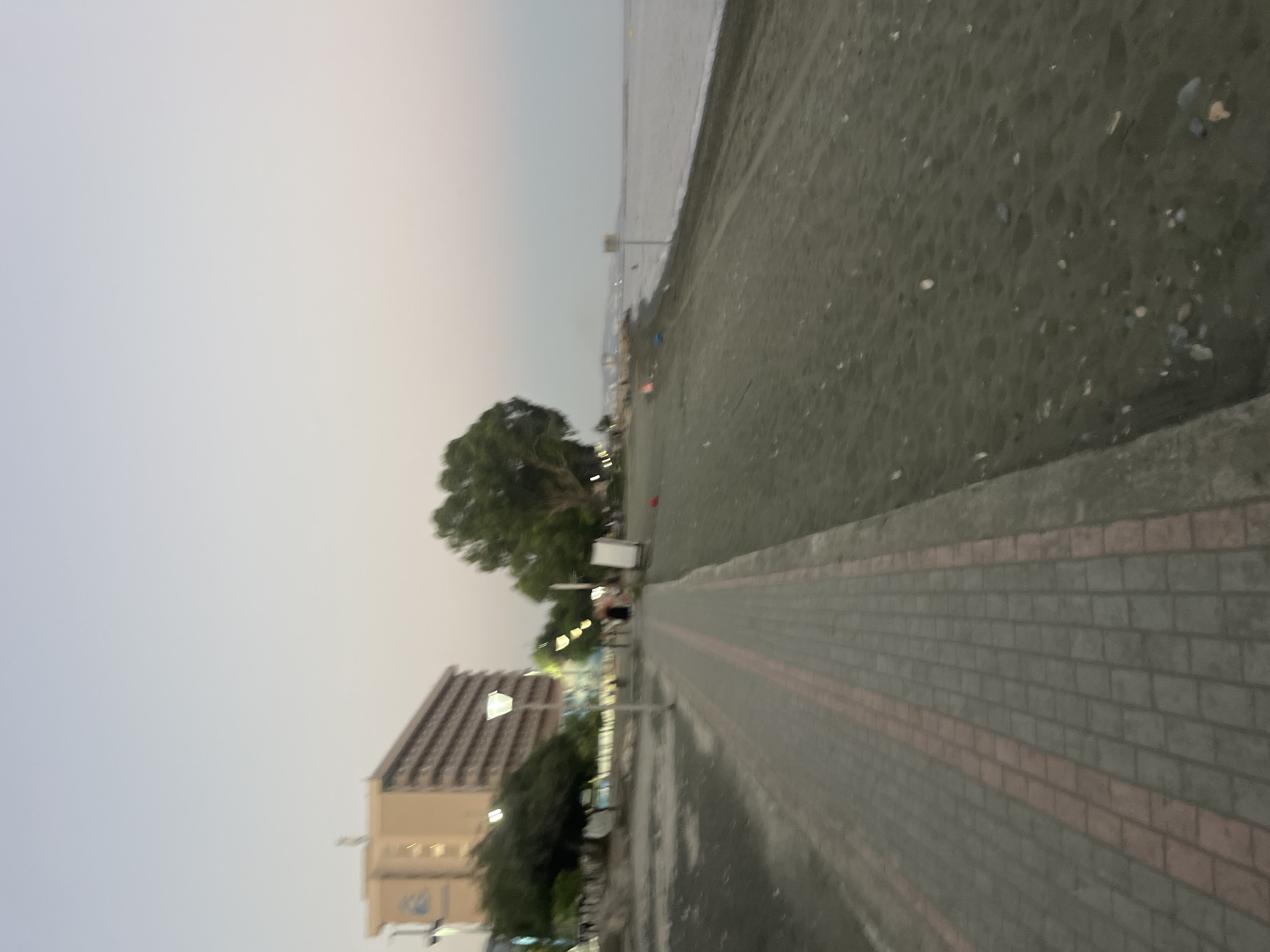 The image depicts a pedestrian walkway paved with interlocking bricks, bordered by a dark sandy beach on the right and an area with sparse vegetation and a multi-story building on the left. The walkway leads towards a distant coastline with a calm body of water. The sky is overcast, suggesting it is either dawn or dusk. Several streetlights are visible along the walkway, illuminating the path. In the background, a large building with multiple floors and windows is present, along with trees and what appear to be some distant structures along the coast. The scene is largely devoid of people, with a few indistinct figures visible further down the walkway. The overall impression is a quiet, somewhat deserted coastal area in Agios Tychona Community, Cyprus, during low light conditions.