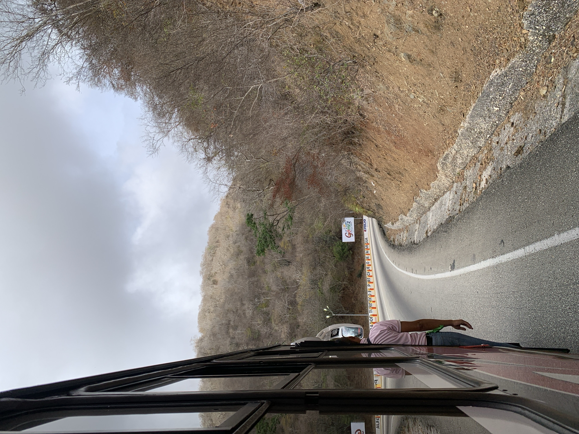 The image depicts a view from inside a vehicle, likely a bus, traveling along a winding road. A man is seen leaning out of the vehicle window. The roadside is marked with a sign indicating this is the “Mirador Turistico E. Port Quejo De Tacarigua”, which indicates this is in or near Tacarigua, Venezuela. The landscape consists of a steep hillside covered with dry vegetation. The sky is overcast. The road is paved with a solid white center line.