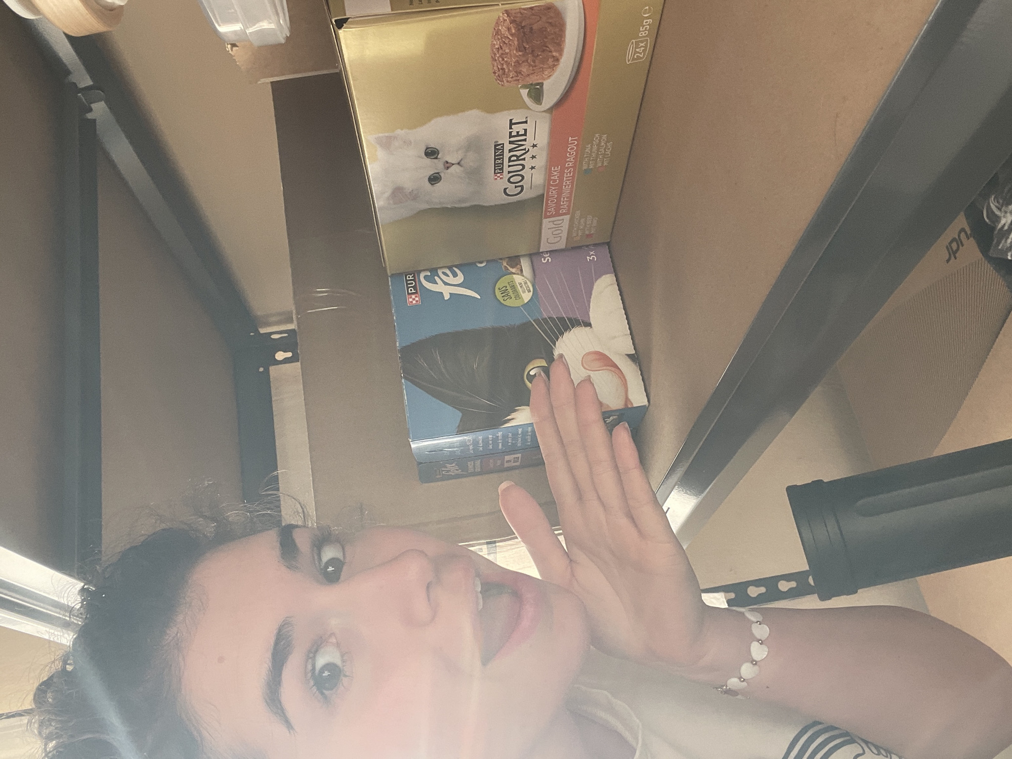 The image shows a person holding up their hand next to two boxes of cat food. The boxes are Purina Gourmet and Felix. The location is indoors, likely a shelf. The person is looking up at the cat food, mouth open in what appears to be surprise or excitement. No location in Sofia, Bulgaria can be confirmed.
