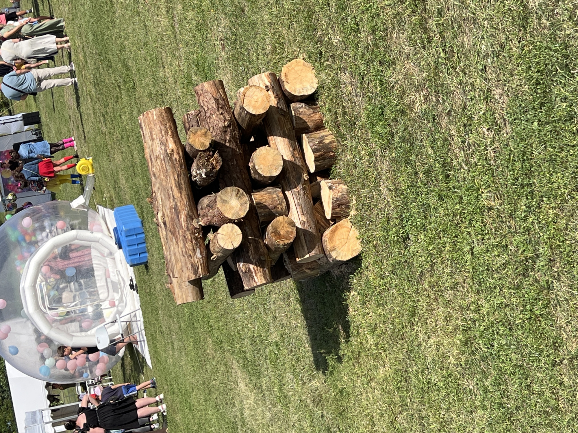 The image captures an outdoor scene on a grassy area, likely a park or event ground, in Vilnius, Lithuania. In the foreground, a stack of cut logs is piled on the grass. To the left, several people are visible. A woman in a black dress stands near a child in a blue shirt and shorts. In the background, a large, clear inflatable bubble structure contains several people and pink and blue balloons. Adjacent to the bubble is a blue plastic container. Further in the background, more people are gathered, some standing in groups, and tents are set up. The overall impression is of a daytime outdoor event or gathering.