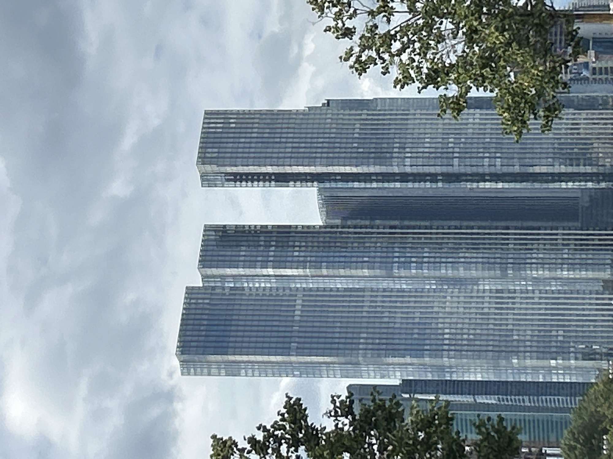 The image shows a view of the Moscow City business district in Moscow, Russia, with the Federation Tower and the Neva Towers skyscrapers prominently featured. The sky is overcast with visible clouds. Trees are visible in the foreground on the left and right sides of the image, partially obscuring the view of the lower parts of the skyscrapers. The skyscrapers are modern, glass-fronted buildings with a vertical design. The image appears to be taken during daylight hours, with diffused light due to the cloud cover.