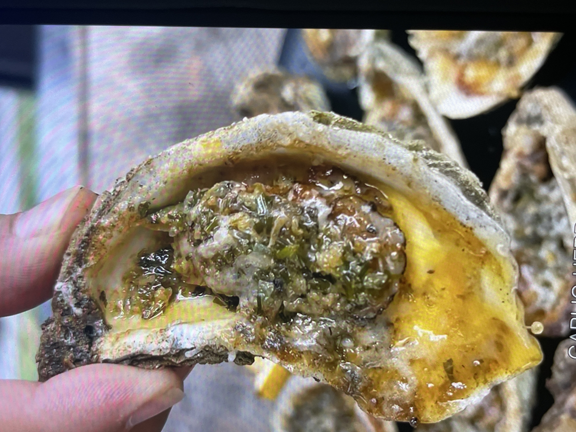 A close-up shot captures a hand holding a single baked oyster. The oyster is served in its shell, which is rough and textured with shades of gray and white. Inside the shell, the oyster meat is plump and glistens with a golden, buttery sauce, flecked with green herbs, suggesting a savory preparation. The oyster is nestled in a pool of this rich, aromatic sauce. In the background, other oysters can be seen, also appearing to be baked and in shells, hinting at a serving of multiple oysters. The lighting is bright, highlighting the texture and sheen of the food. The image appears to be taken indoors, possibly in a restaurant or a home setting where food is being prepared or served. The focus is sharp on the oyster in the foreground, while the background elements are slightly blurred. There is text visible on the right side of the image, oriented vertically, that reads "GARLIC HERB".