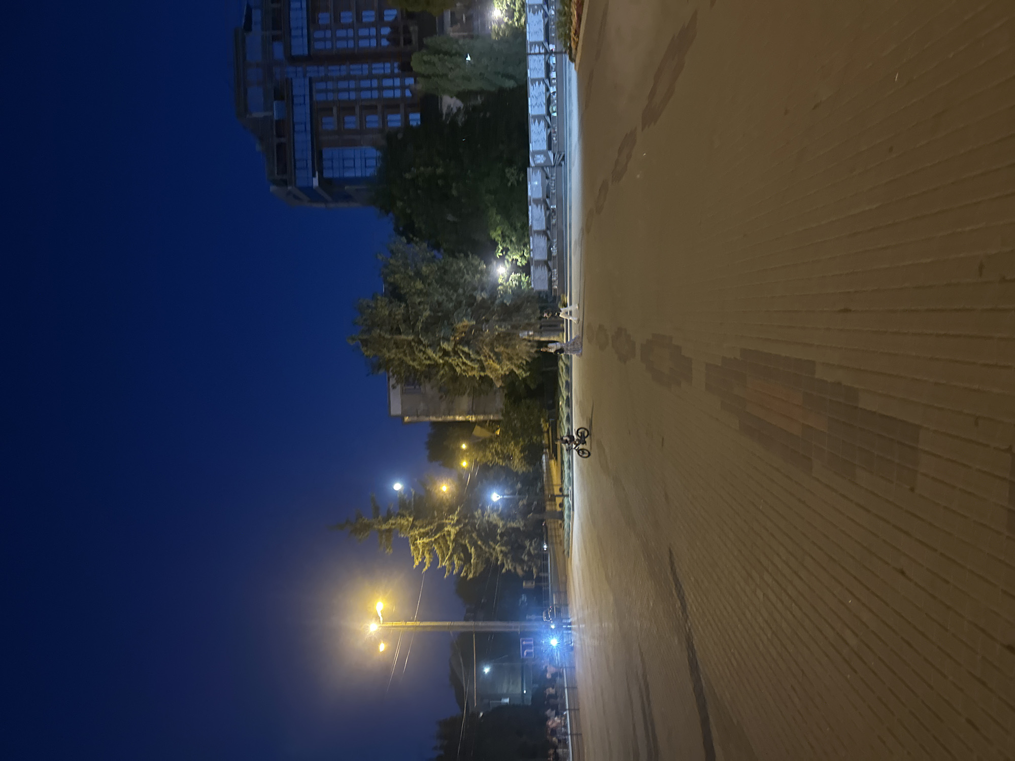 The image depicts a city square in Ternopil, Ukraine, at dusk or night. A large, modern building with a glass facade dominates the background to the right. In the mid-ground, several trees are visible, including a prominent evergreen tree. A street lamp with bright yellow light illuminates the area. In the foreground, a person is riding a bicycle. The ground is paved with square tiles, and there are faint, repeated patterns on the pavement, possibly water stains or reflections. The sky is a deep blue, suggesting it is nighttime. To the left, there are more street lights and some people in the distance. The overall impression is of a public urban space at night, with artificial lighting creating shadows and highlights.