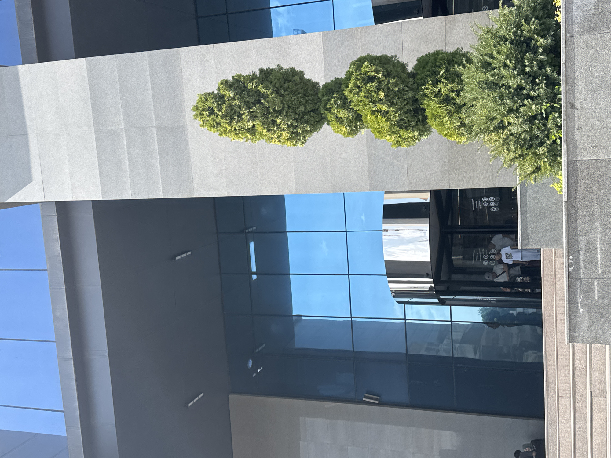 The image shows a modern building with a glass facade and a large, ornate revolving door. A sculpted evergreen tree stands to the right of the entrance. Several people are visible in and around the entrance, some of whom appear to be waiting. The building is constructed with stone and glass, and the sky above is clear and blue. The scene suggests a commercial or public building in an urban setting, likely during daytime.