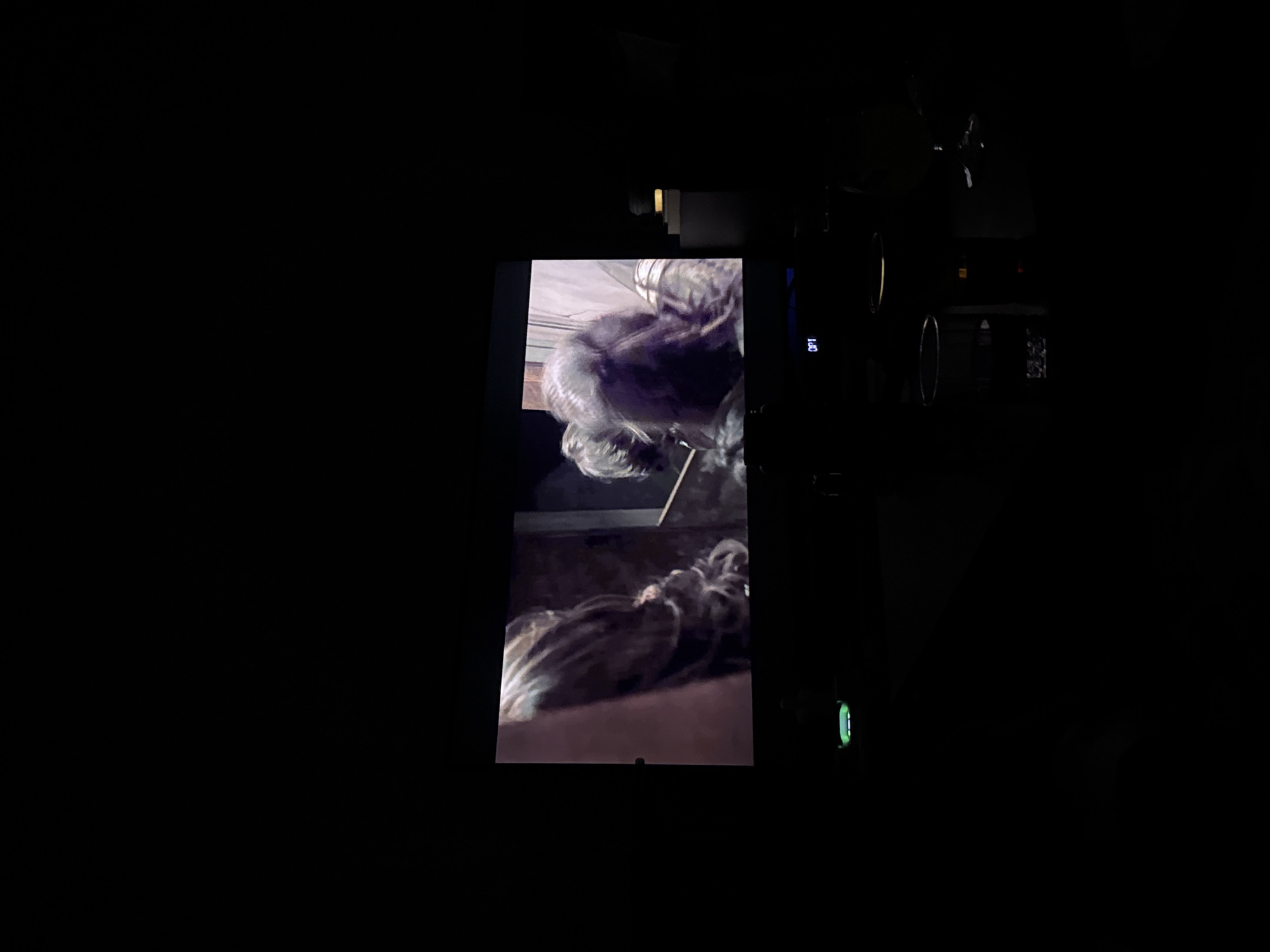 The image is a photograph taken in the city of Lovech, Bulgaria, depicting a monitor screen displaying two objects. The upper object appears to be a head or upper torso with gray hair, and the lower object appears to be a figure lying down, also with gray hair. The screen is surrounded by darkness. To the right of the screen are some indiscernible dark objects, possibly part of an electronic device. The surrounding environment is largely black, suggesting a dimly lit or dark room.