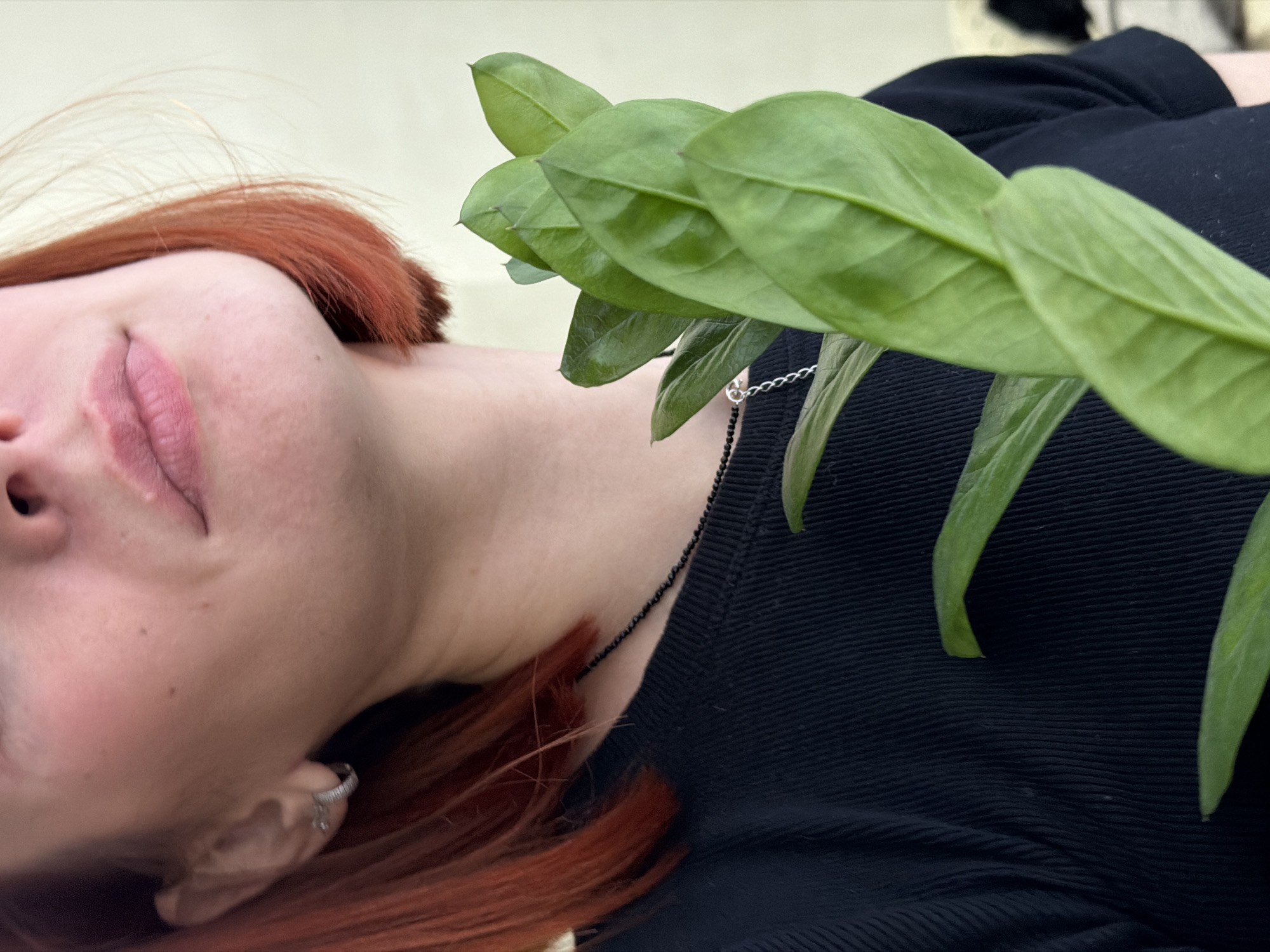 The image displays an upward-angled portrait of an individual situated in Chaikovsky, Russia. The subject, an adult female, is depicted from approximately the nose down, showing fair skin with minor blemishes and pink-toned lips. She possesses short, coppery-red hair visible on both sides of her face. Her left ear is adorned with a silver-colored, textured hoop earring. A black beaded necklace with a small silver charm is visible around her neck. She wears a black, ribbed fabric top. A Zamioculcas zamiifolia (ZZ plant) with multiple glossy green leaves occupies the lower right and central foreground, partially obscuring the subject's torso. The background is a plain, light-toned wall, devoid of distinguishing features.