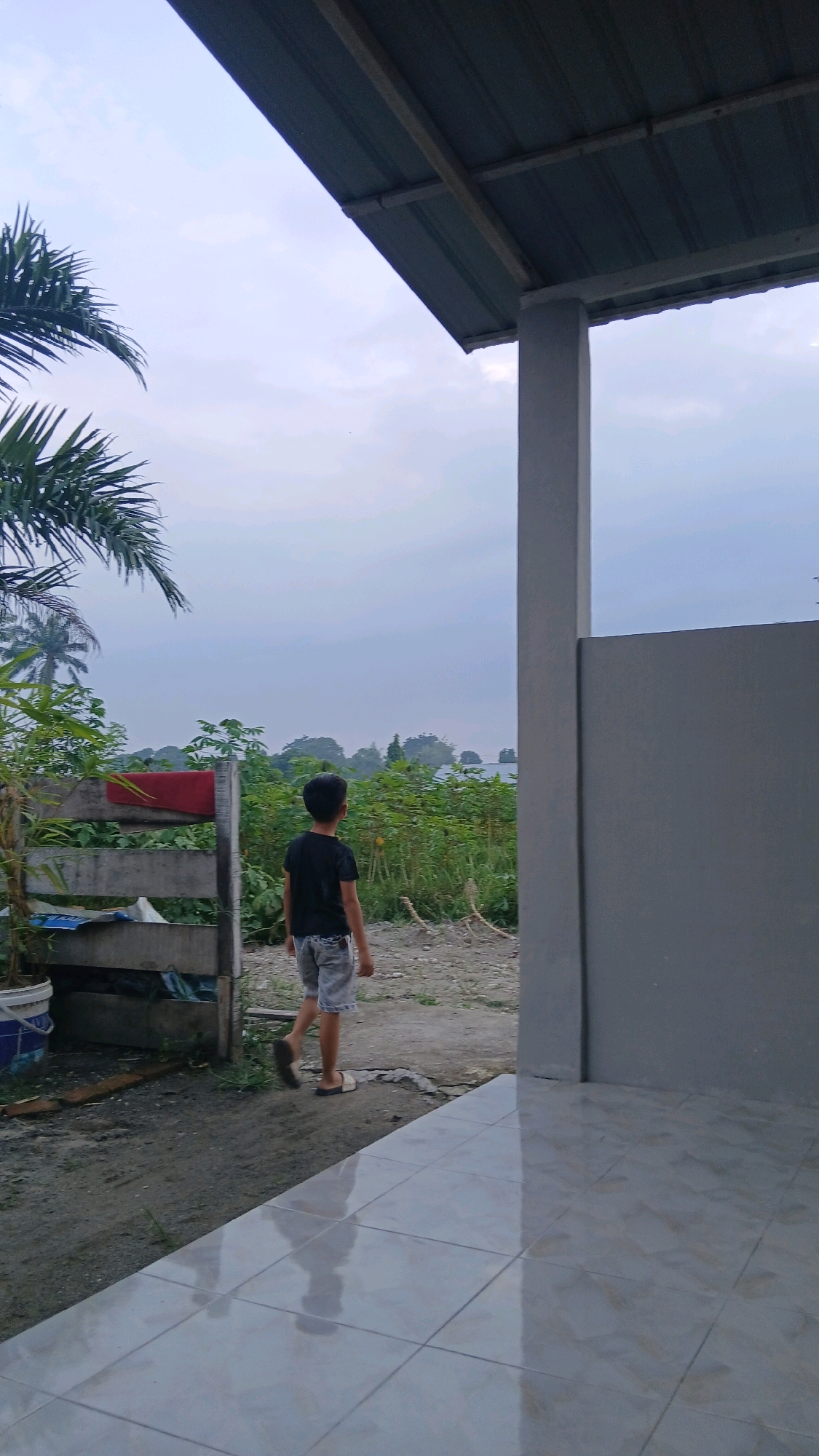 The image depicts an outdoor scene in Hamparan Perak, Indonesia, likely near a rural area. A young boy, wearing a black t-shirt and gray patterned shorts, walks away from the camera towards a field of green vegetation. He is seen from behind, with his head turned slightly to his left, looking out at the landscape. To the left of the boy, a wooden fence is visible, with some items placed on or near it, including a red cloth and a white plastic bag. A palm tree with lush fronds extends into the upper left corner of the frame. In the foreground, a tiled patio area with a glossy surface reflects the sky and surroundings. A large gray pillar and wall form the right side of the image, suggesting the presence of a building or covered structure. The sky is overcast with muted tones, indicating either early morning or late afternoon. The overall impression is one of a quiet, natural setting.