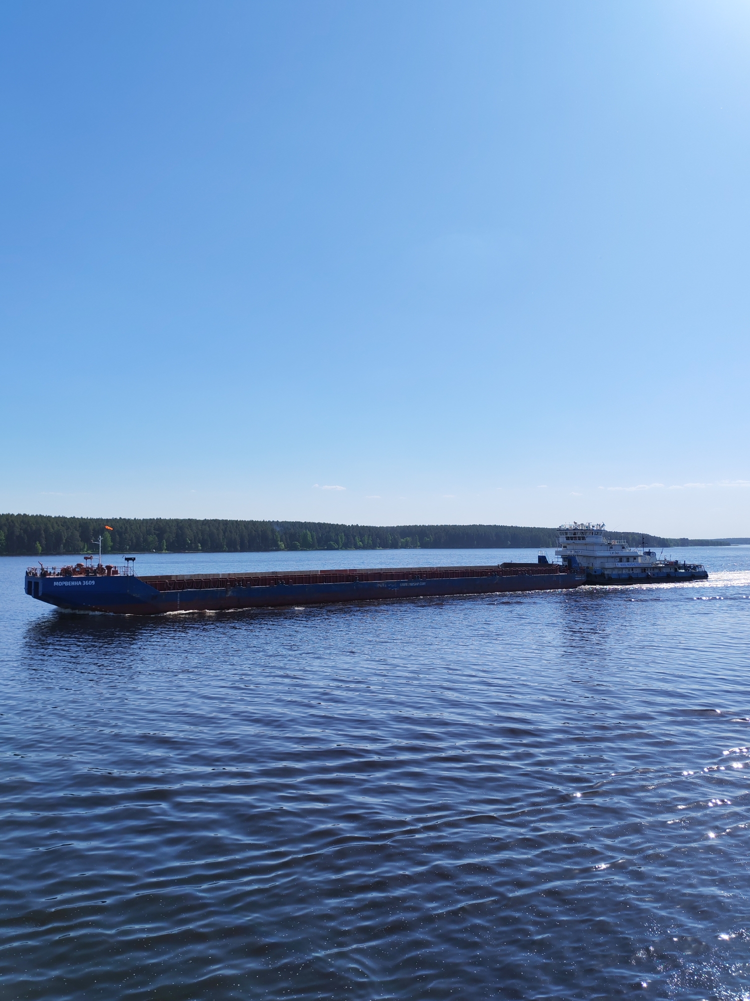 A barge transits a body of water. The barge is composed of a tugboat in the rear and a long, flat, loaded vessel in the middle. The water has dark ripples. On the horizon is a treeline. Above is a clear, blue sky. The name on the boat is "MOPBEHHA 3609" and is located in Kopylovo, Russia.