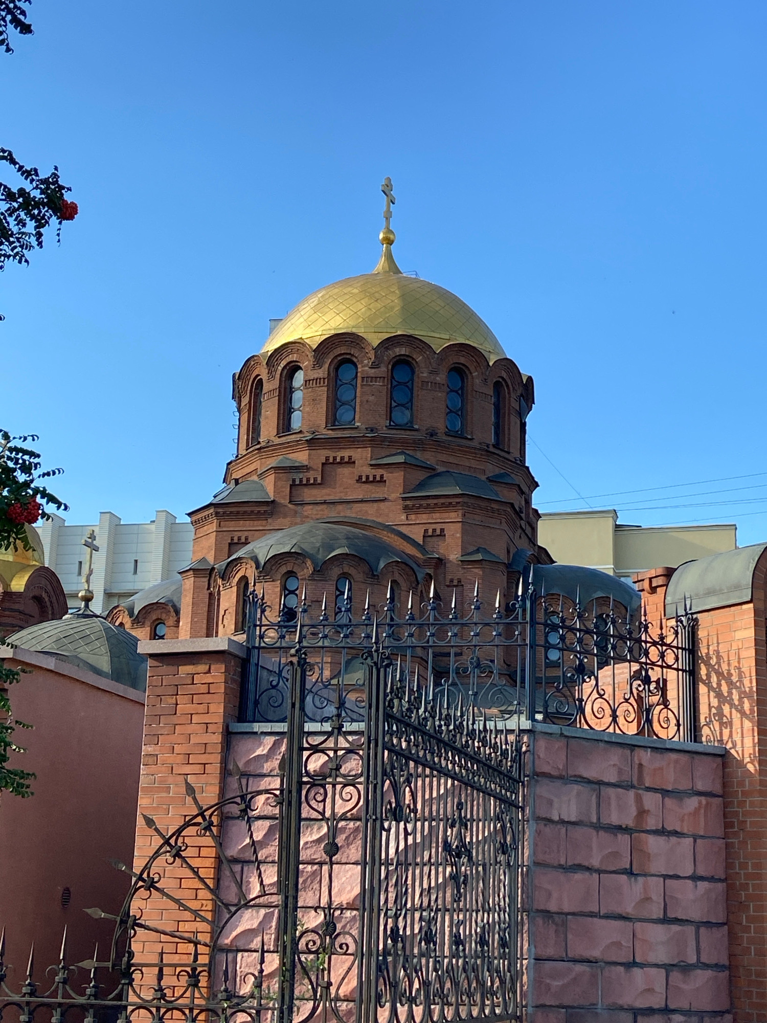 The image shows the Alexander Nevsky Cathedral, a prominent Orthodox cathedral located in Novosibirsk, Russia. The cathedral is constructed of red brick and features a large, ornate golden dome topped with a cross. Surrounding the cathedral is a decorative black metal fence and a brick wall. The sky above is clear and blue, with some electrical wires visible in the distance. A tree with red berries can be seen on the left side of the frame, partially obscuring the view of another smaller dome on the cathedral. The scene is captured on a bright, sunny day.