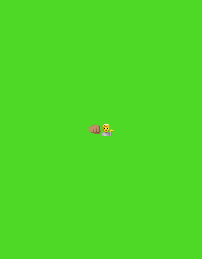 This media file features a simple digital graphic set against a solid, bright green background, characteristic of a chroma key or green screen. Positioned in the lower-middle section of the frame are two emojis. To the left is a dark-skinned fist emoji, clenching. Adjacent to it on the right is a light-skinned person emoji, depicted with short blonde hair and wearing a light blue or grey collared shirt. This person emoji is looking forward and gesturing with their right hand, pointing towards the right side of the image. There is no other discernible activity, objects, or text within the image. The scene presents a minimalistic digital composition, with the green background acting as the sole setting. The context for this media file is La Tagua, Venezuela.