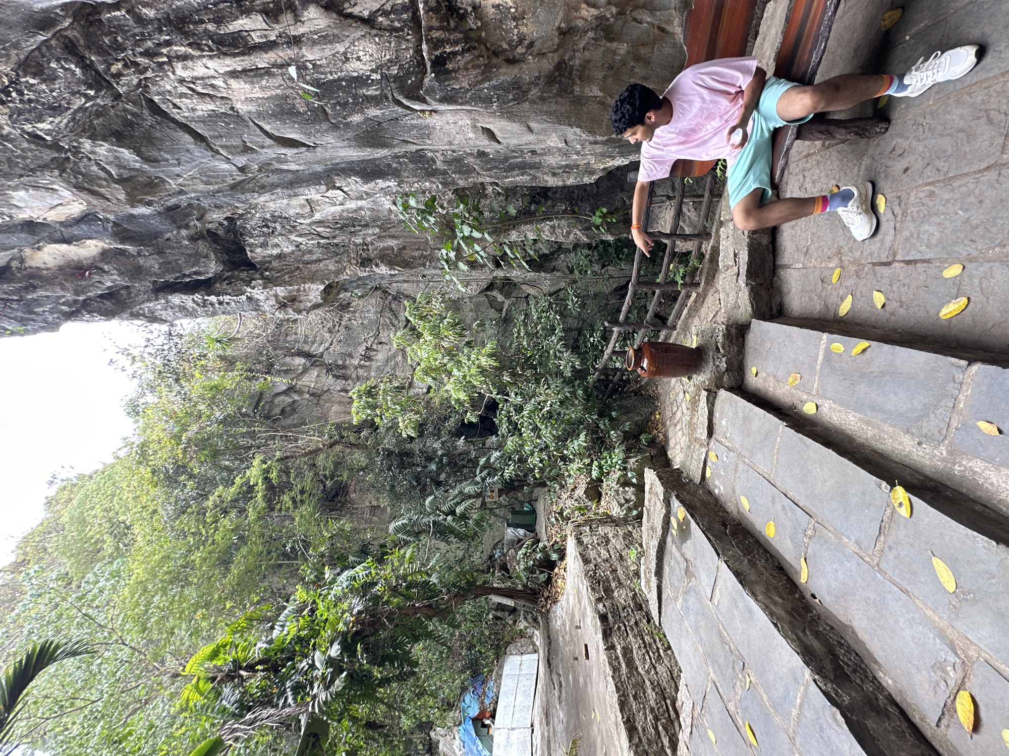 This image depicts a person sitting on a wooden bench in a natural environment with a large rock face. The person, a young male with dark curly hair, is wearing a pink t-shirt, light blue shorts, colorful socks, and white sneakers. He is looking to his left and pointing with his right hand towards the rock face. He is holding a white object, possibly a phone or a cup, in his left hand.
The environment is characterized by a large, gray, textured rock cliff dominating the right side of the frame. Lush green vegetation, including trees and vines, grows on and around the cliff. In the foreground and middle ground, there are stone steps and pathways, some of which are covered with fallen yellow leaves. A wooden fence runs along the edge of the pathway. A large, brown ceramic vase is placed on the ground near the fence. In the background, to the left, there are some structures with blue tarpaulin and white panels, suggesting a constructed area within the natural landscape.
The location is identified as the Marble Mountains in Đà Nẵng, Vietnam. The Marble Mountains are a cluster of five limestone and marble hills located in Ngu Hanh Son district. They are a popular tourist destination known for their caves, tunnels, pagodas, and stunning natural scenery, often featuring rock formations and lush vegetation similar to what is depicted in the image.