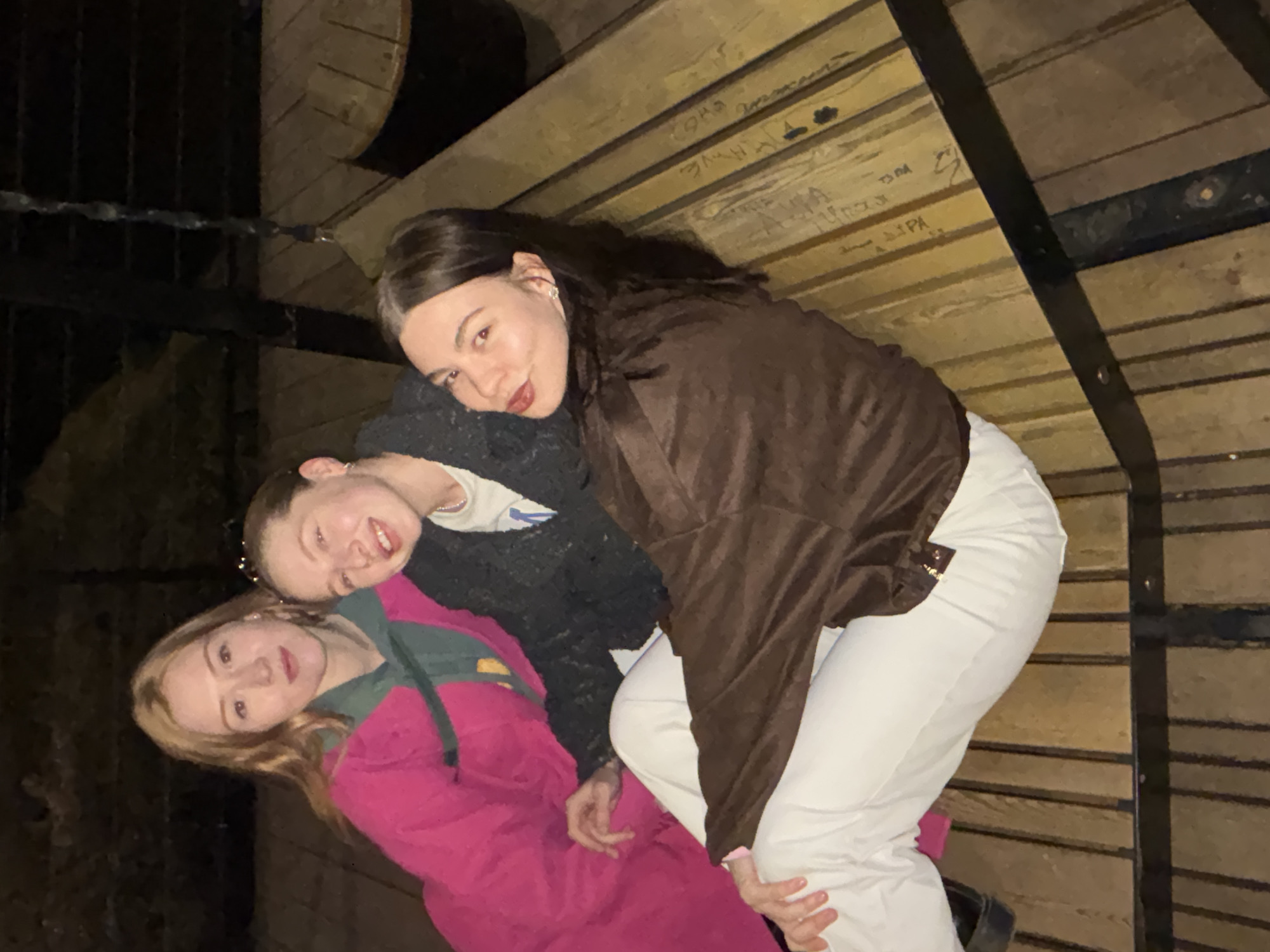 Three young women are photographed in what appears to be a dimly lit, wooden structure. One woman, wearing a brown jacket and white pants, leans down towards the camera. A second woman, wearing a dark sweater, is positioned behind and to the left of the first woman. A third woman is reclined towards the left side of the frame, wearing a bright pink jacket with green accents. The background consists of a wooden structure, possibly a bridge or elevated walkway, and a black metal railing on the left side of the image. Writing can be seen on the wooden planks in the background, suggesting it may be a public space with graffiti. The photo was likely taken in the city of Perm, Russia.