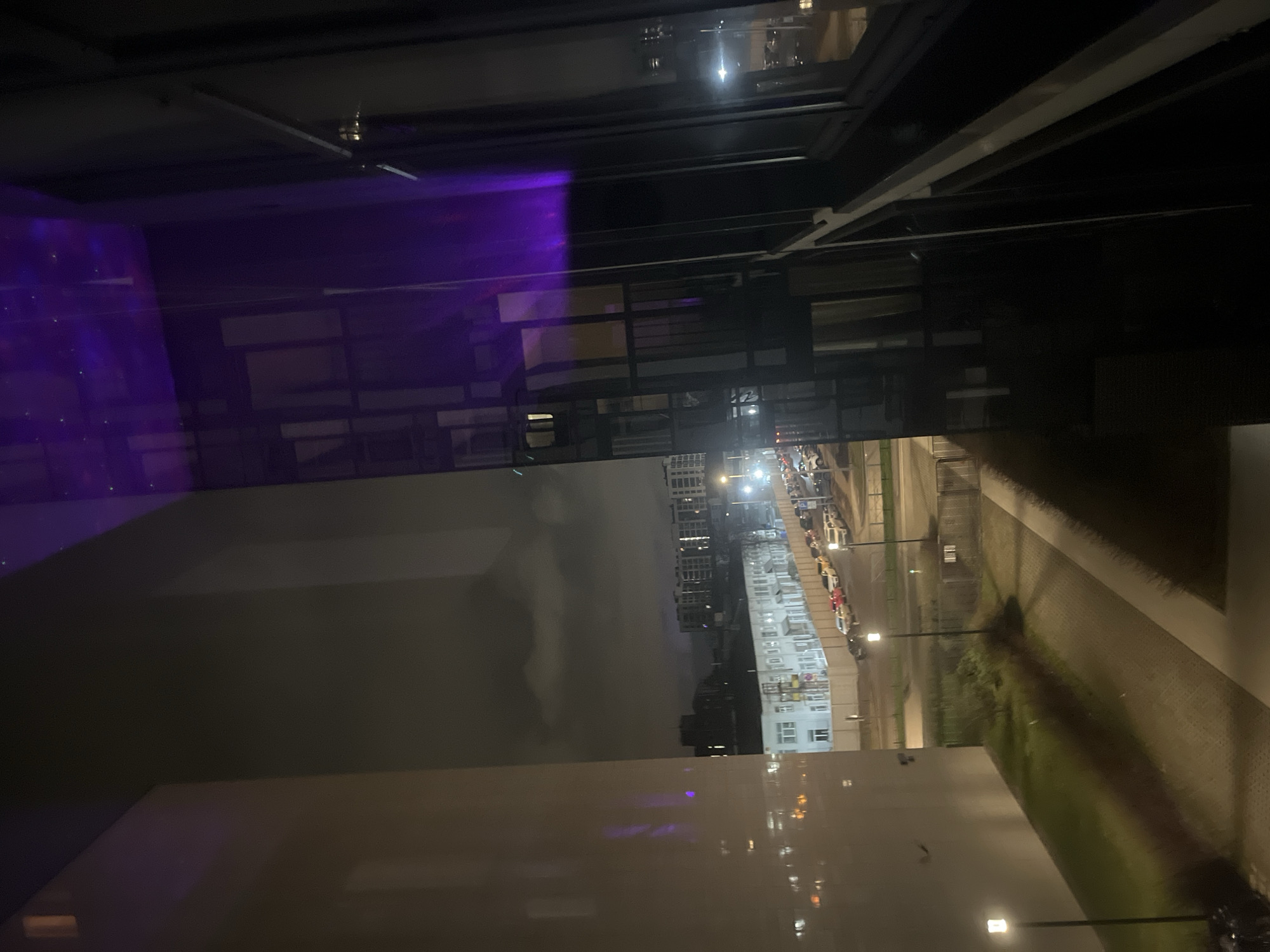 Captured through a window, the image reveals a night scene in Saint Petersburg, Russia. The window frame is partially visible at the top and sides of the shot. Through the window, the outside world is observed. A cityscape unfolds with buildings, streetlights, and parked cars lining the streets. A strip of green space with trees stretches along the road. Purple light reflects on the interior surfaces visible through the window.