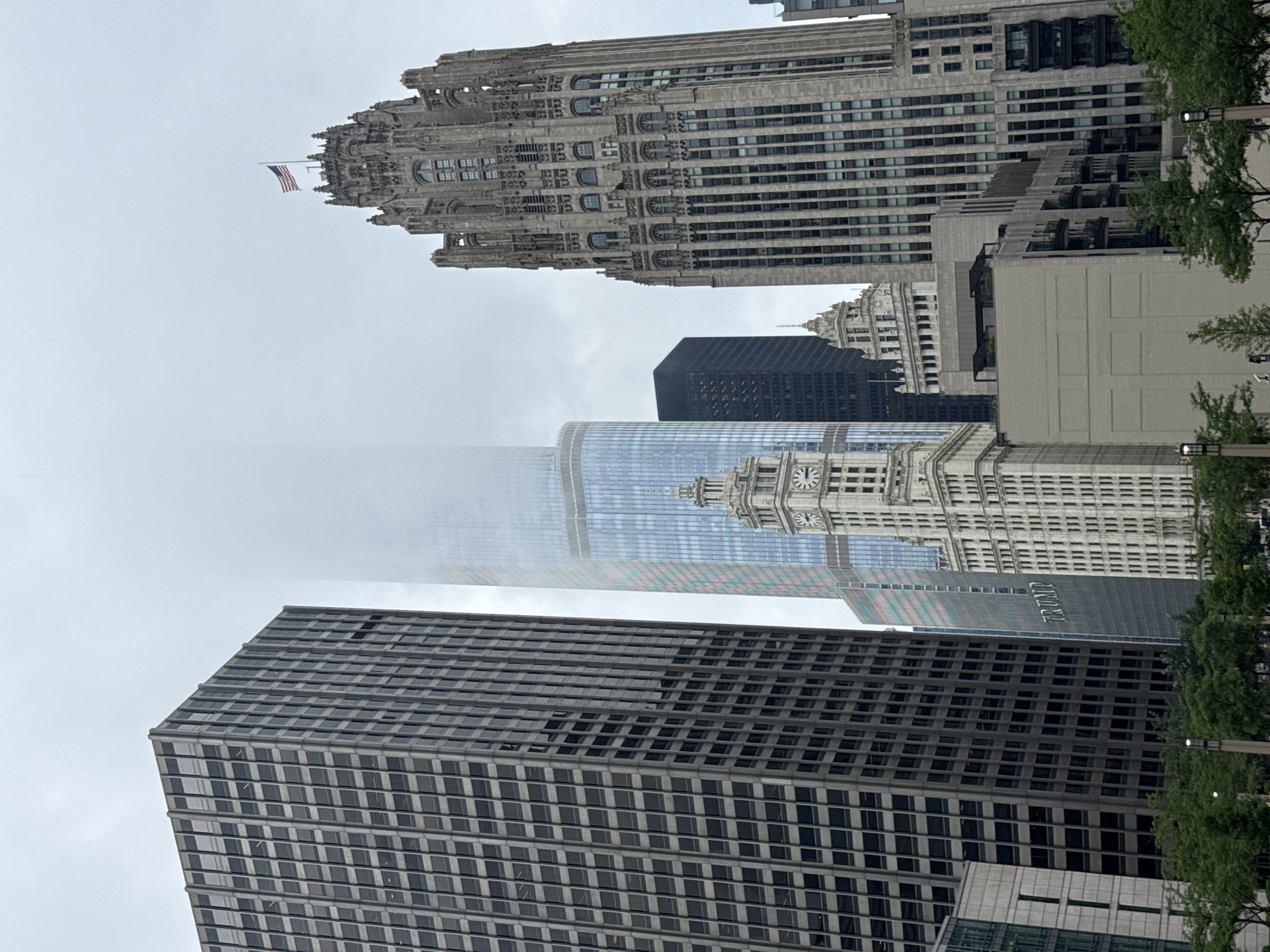 This is a photograph of a city skyline, likely Chicago, given the context. The image is vertically oriented and captured on an overcast day, as indicated by the muted sky and the diffused lighting.
The subjects are a collection of skyscrapers of varying architectural styles and heights, dominating the frame. In the foreground, a dark, modern skyscraper with a grid-like pattern of windows is prominently featured. Behind it, a lighter-colored, art deco-style building with intricate stone detailing and a prominent spire rises, with an American flag visible near its peak. Further back, a glass skyscraper with a subtle iridescent sheen is partially obscured by mist or fog, adding a sense of depth and atmosphere to the scene. A building with a clock tower is also visible. Another skyscraper features the word "TRUMP" in large white lettering. Trees line the right side of the image, suggesting an outdoor public space or park adjacent to the buildings.
No people are clearly visible, and there is no specific activity or event taking place beyond the static presence of the urban architecture. The weather appears to be cool and possibly damp due to the fog. The overall mood is somewhat somber and grand due to the overcast sky and the imposing scale of the buildings.