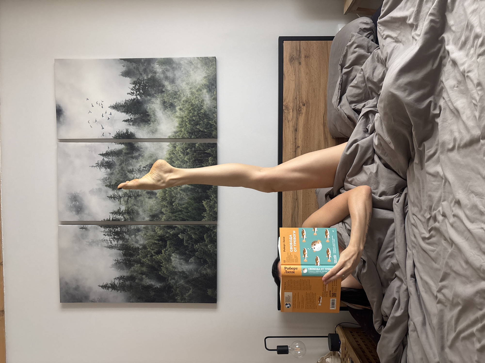 This image, captured in Chaikovsky, Russia, depicts a person relaxing in a modern bedroom setting. The individual is lying on a bed covered with rumpled gray bedding, primarily a duvet. One bare leg is extended vertically upwards, resting against a white wall. The person is holding an open book with both hands, positioned over their torso, indicating they are engrossed in reading.
The book features a distinctive yellow-orange cover adorned with illustrations of several small fish and a pufferfish. Visible text on the cover includes the author's name, "РОБЕРТ ЛИХИ" (Robert Leahy), and the title, "СВОБОДА ОТ ТРЕВОГИ" (Freedom from Anxiety), with a subtitle further clarifying "СБРОСЬ С ТРЕВОГОЙ" (Throw off anxiety). A QR code is also partially visible on the book's edge.
The wall beside the bed is decorated with a large, multi-panel (triptych) artwork. This piece features a serene landscape of dense coniferous trees shrouded in a thick, light gray mist or fog, with a flock of birds silhouetted against the sky in the upper section. A dark wooden headboard with a black frame forms the top edge of the bed. A glimpse of a bedside table with a modern lamp, complete with an exposed bulb, can be seen in the lower part of the image. The scene conveys a sense of quietude and personal leisure within a thoughtfully arranged space.