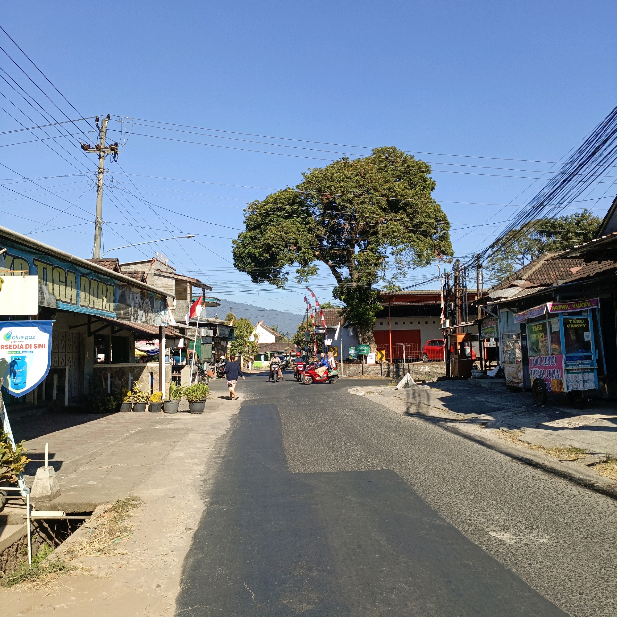 The image depicts a street scene in Sraten, Indonesia, on a clear, sunny day. The road, which appears to be paved with asphalt, runs through a commercial area lined with buildings and shops. A large, leafy tree dominates the center of the frame, casting a shadow on the road. Several power lines crisscross the sky, supported by utility poles.
On the left side of the street, a building with a blue awning features a banner advertising "Blue Gaz." Several potted plants are arranged in front of this building. Further down the street, other storefronts are visible, some with colorful signage. On the right side of the street, a food cart selling "Tahu Crispy" is parked.
Several people and vehicles are present in the scene. A person is walking on the sidewalk on the left. In the middle of the road, a few motorcycles are moving, carrying one or two passengers each. A red car is parked on the right side of the street further down.
The environment appears to be a typical Indonesian town or village, with a mix of residential and commercial structures. The presence of lush greenery from the tree and potted plants suggests a tropical climate. The overall impression is one of a bustling but relatively quiet street.