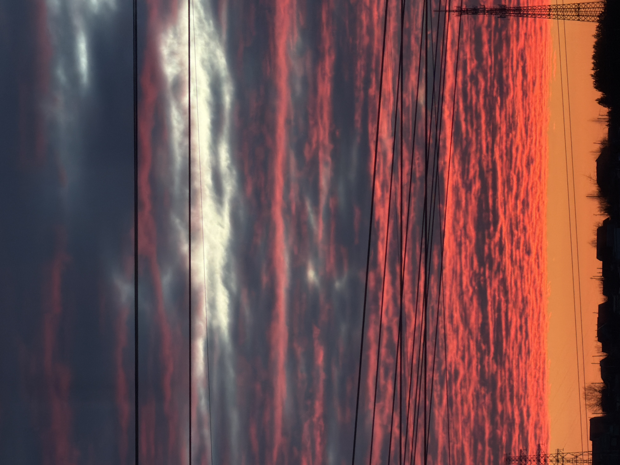 The image depicts an outdoor scene at either sunrise or sunset over the city of Chaikovsky, Russia. The sky occupies the majority of the frame, characterized by distinct horizontal layers of clouds. The uppermost portion features dark gray and bluish-gray stratiform clouds, with intermittent patches of bright white light. Below this, a wide band of altocumulus clouds exhibits a striking red and pink coloration, arranged in parallel, ripple-like patterns. This vibrant cloud layer transitions downwards into a luminous orange horizon.
Numerous dark, thin power lines or communication cables stretch horizontally across the sky, superimposed over the clouds and particularly concentrated in the middle and lower-middle sections of the image. Along the horizon, a dark silhouette reveals the outline of low-rise structures, likely residential buildings, interspersed with the silhouettes of bare trees. On the far right, a tall, lattice-structured cellular or radio transmission tower stands prominently as a dark silhouette, extending upwards from the horizon into the red cloud layer. A similar, smaller tower-like structure is partially visible on the far left. The overall lighting indicates a low sun angle.