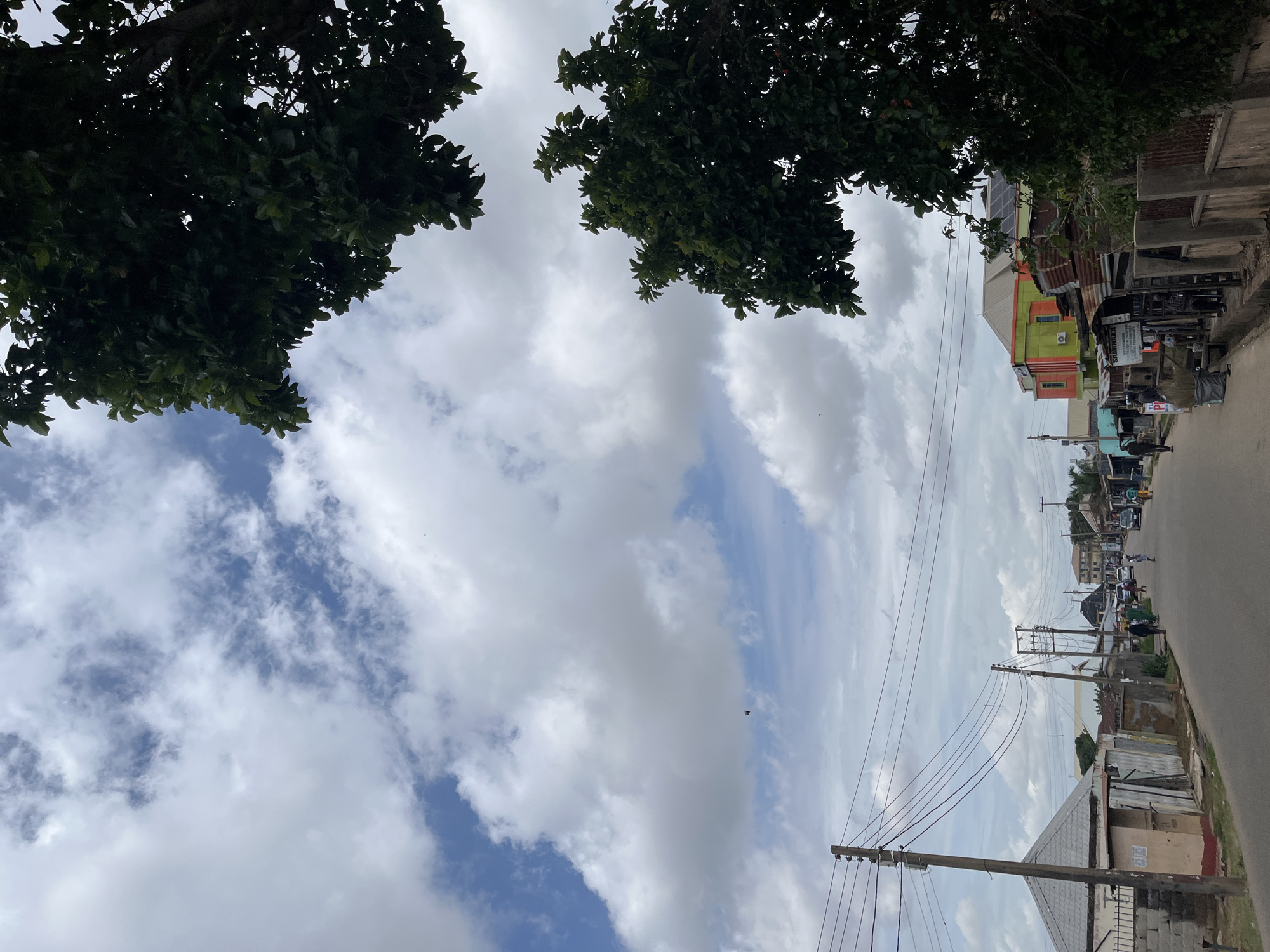 The image depicts a street scene in Jos, Nigeria, under a cloudy sky with patches of blue. Large, leafy trees with dark green foliage frame the top of the image, suggesting an outdoor, possibly tropical or subtropical, environment. Below the trees, a street runs alongside a row of buildings. These buildings are a mix of styles, with some appearing to be multi-story structures with brightly colored facades, such as a prominent orange and green building, while others are more rudimentary, constructed with corrugated metal and wood.
There are utility poles with numerous wires crisscrossing the scene, indicating an inhabited area with electricity infrastructure. A few people are visible on the street, walking or standing, and there are parked vehicles, including what appears to be a motorcycle. The overall impression is of a moderately busy urban or semi-urban street.
The sky suggests it is daytime, possibly late morning or afternoon, with the clouds obscuring direct sunlight. The weather appears to be overcast but not actively raining. There is no explicit information about the specific event taking place, but the scene suggests normal daily activity. One building has text that reads "SAMIRA...". The overall mood is neutral, capturing a slice of everyday life in the depicted location.